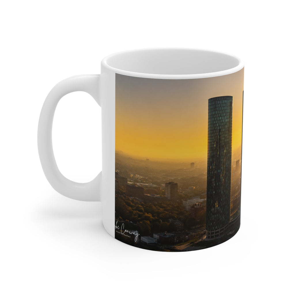 Manchester UK Sunrise Cityscape Ceramic Mug — Urban Skyline Coffee Cup (11oz & 15oz)