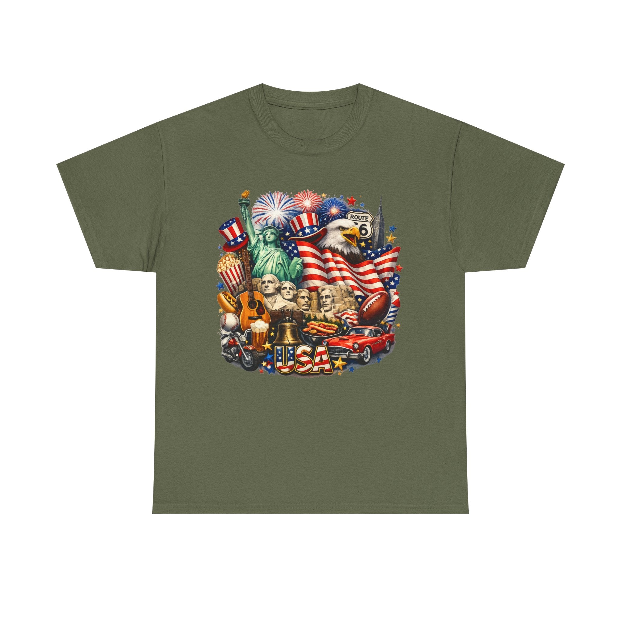Patriotic USA Graphic Tee – American Flag, Statue of Liberty & Fireworks T-Shirt