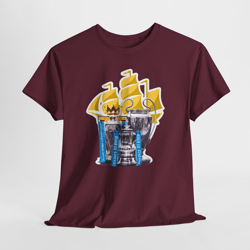 Manchester City Champions Trophy Tee – Golden Cups & Blue Scarves Football Fan Shirt