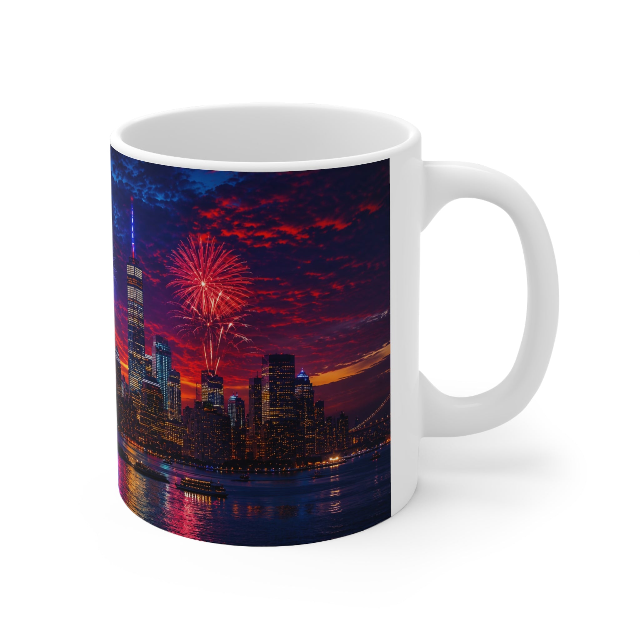 New York City Fireworks Skyline Ceramic Mug — Statue of Liberty 4th of July Coffee Cup (11oz & 15oz)