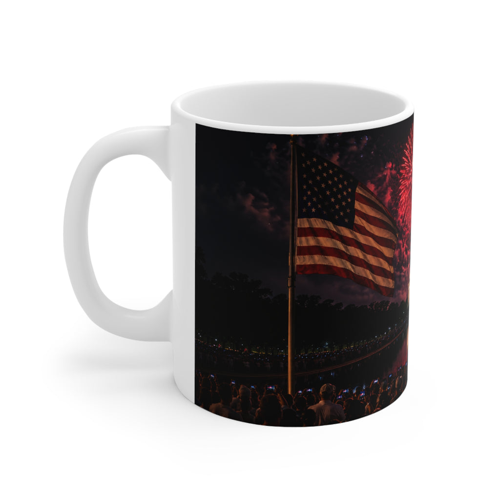 Fourth of July Fireworks Coffee Mug — Patriotic American Flag & Capitol Night Sky (11oz/15oz)