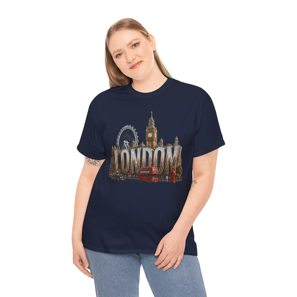 London Skyline T-Shirt — London Text with Big Ben & London Eye Graphic