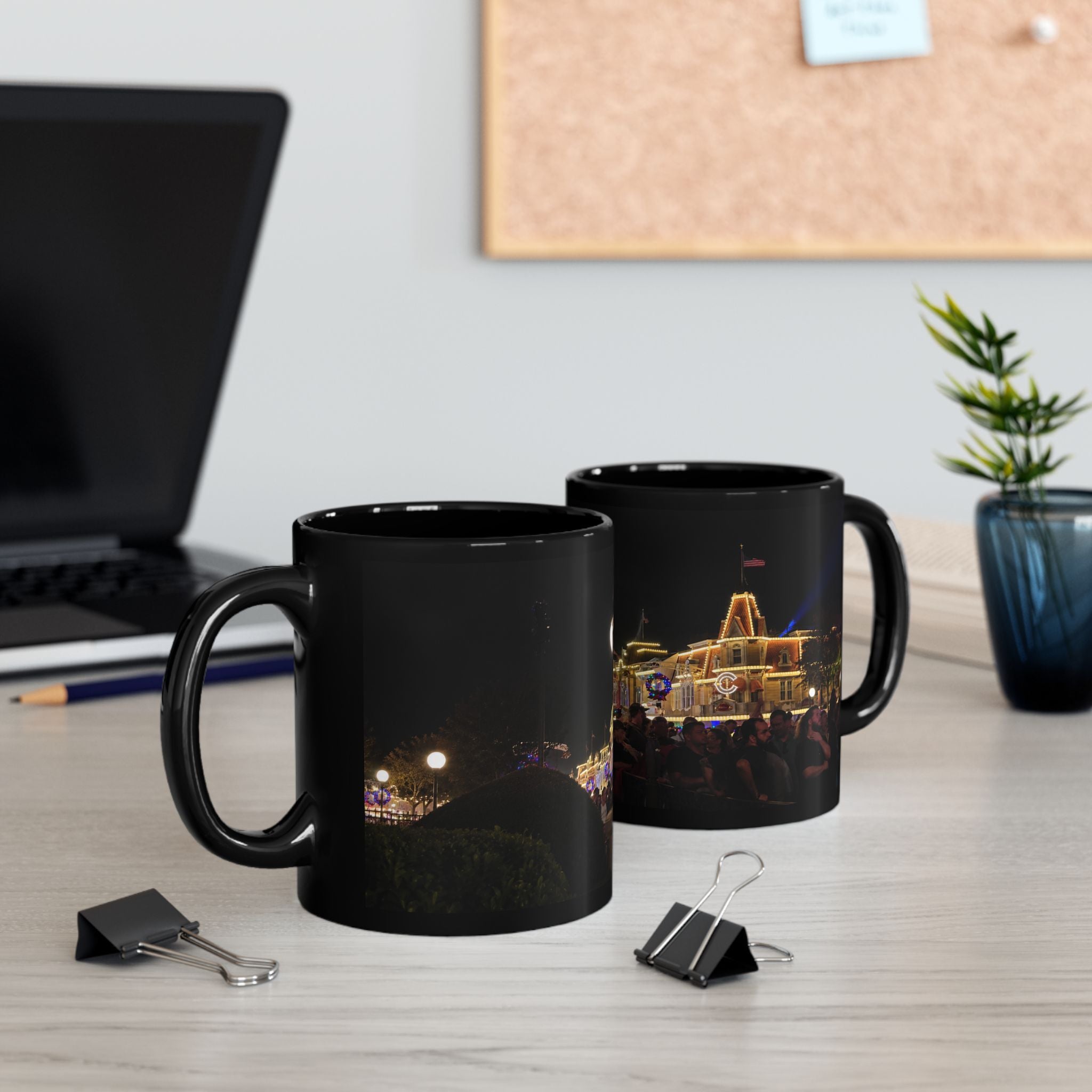 Magic Kingdom Nighttime Theme Park Lights Mug — Scenic Black Coffee Cup
