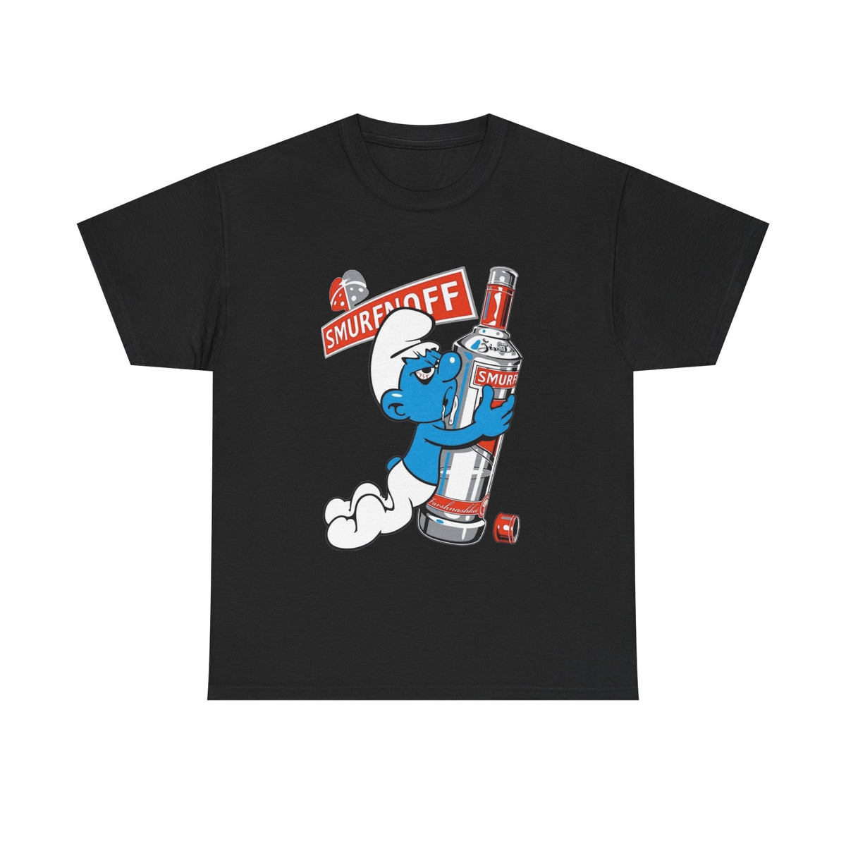 Smurf Holding Bottle Graphic Tee — "Smurf Off" Retro Cartoon T-Shirt