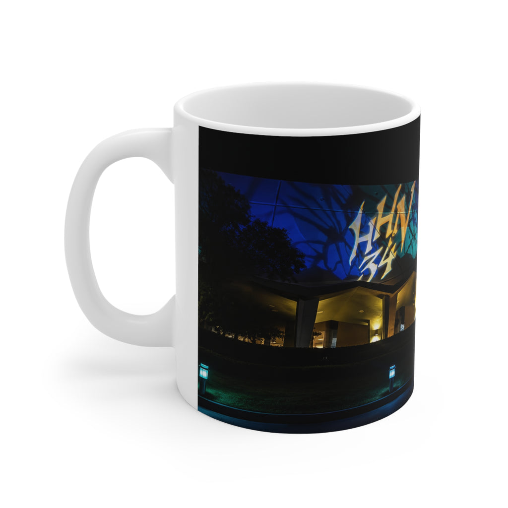 Nightlight Cityscape Mug — Neon Building Photo Ceramic Coffee Cup (11oz, 15oz)