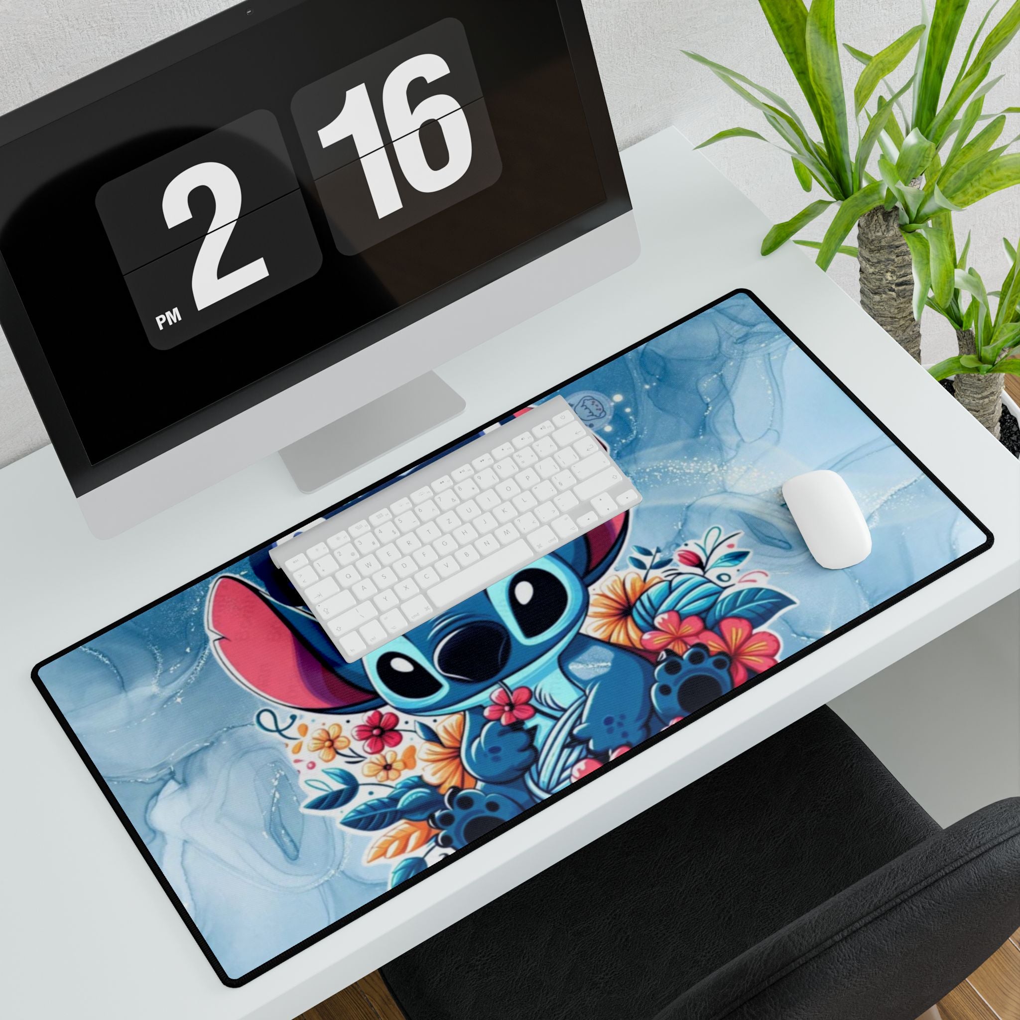 Stitch Floral Gaming Desk Mat — Cute Blue Lilo & Stitch Mouse Pad