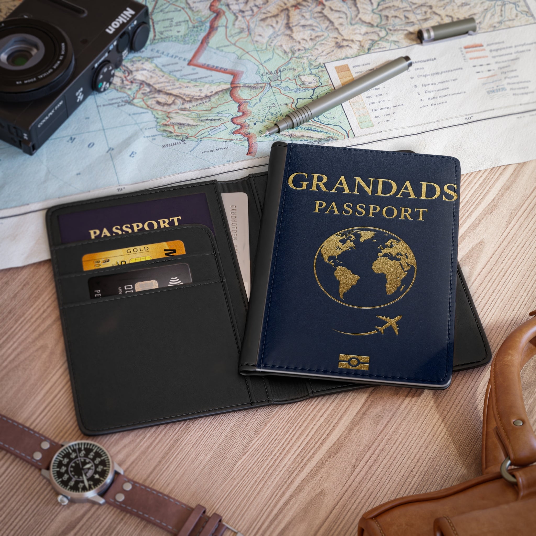 Grandads Passport Cover – Personalized Travel Passport Holder for Grandpa, Gold Globe Design