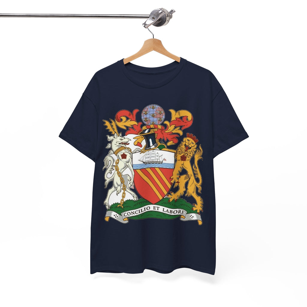 Manchester Coat of Arms Crest T‑Shirt — Heraldic Family Shield Tee with 'Concilio et Labore' Banner