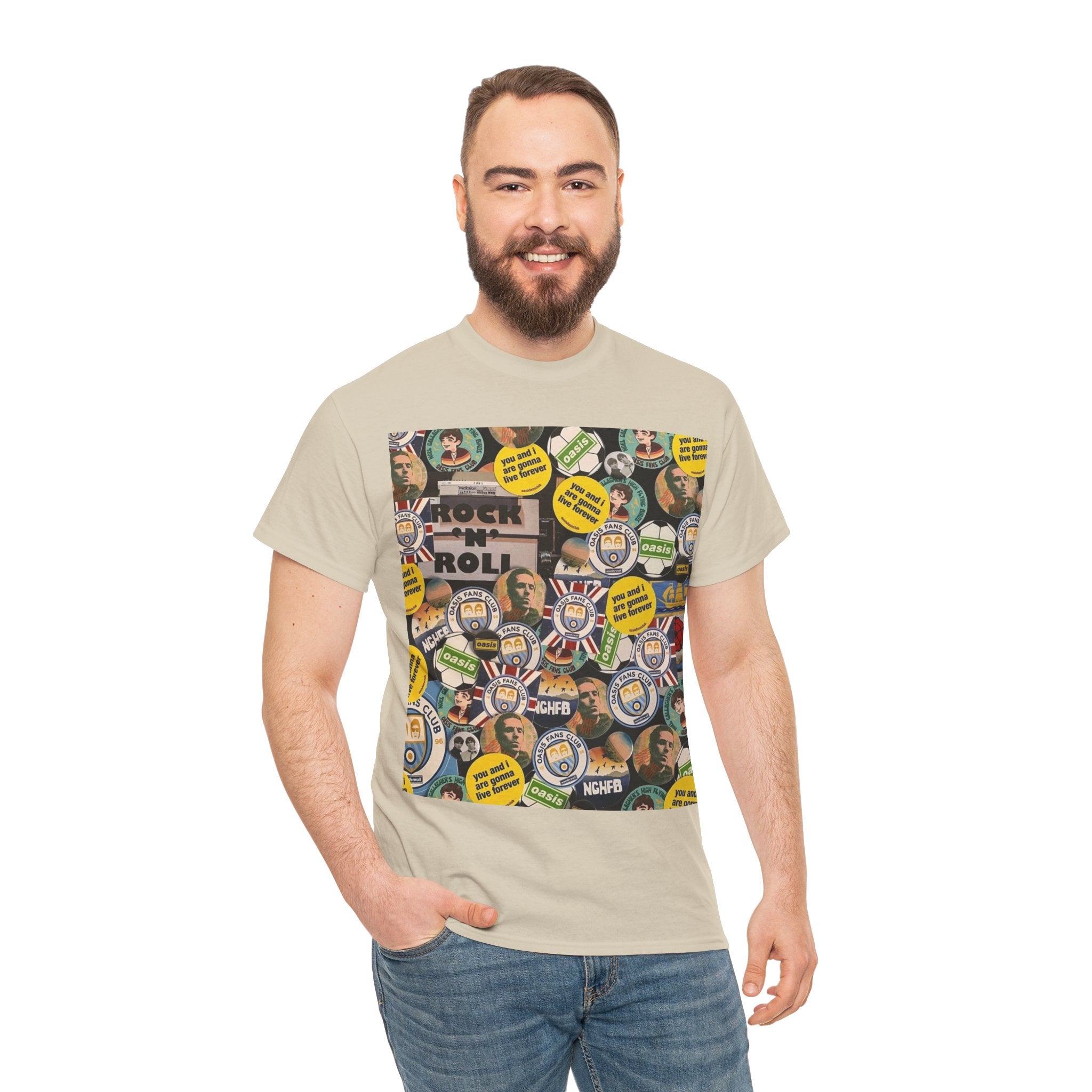 Oasis Rock & Roll Retro Button Collage Tee