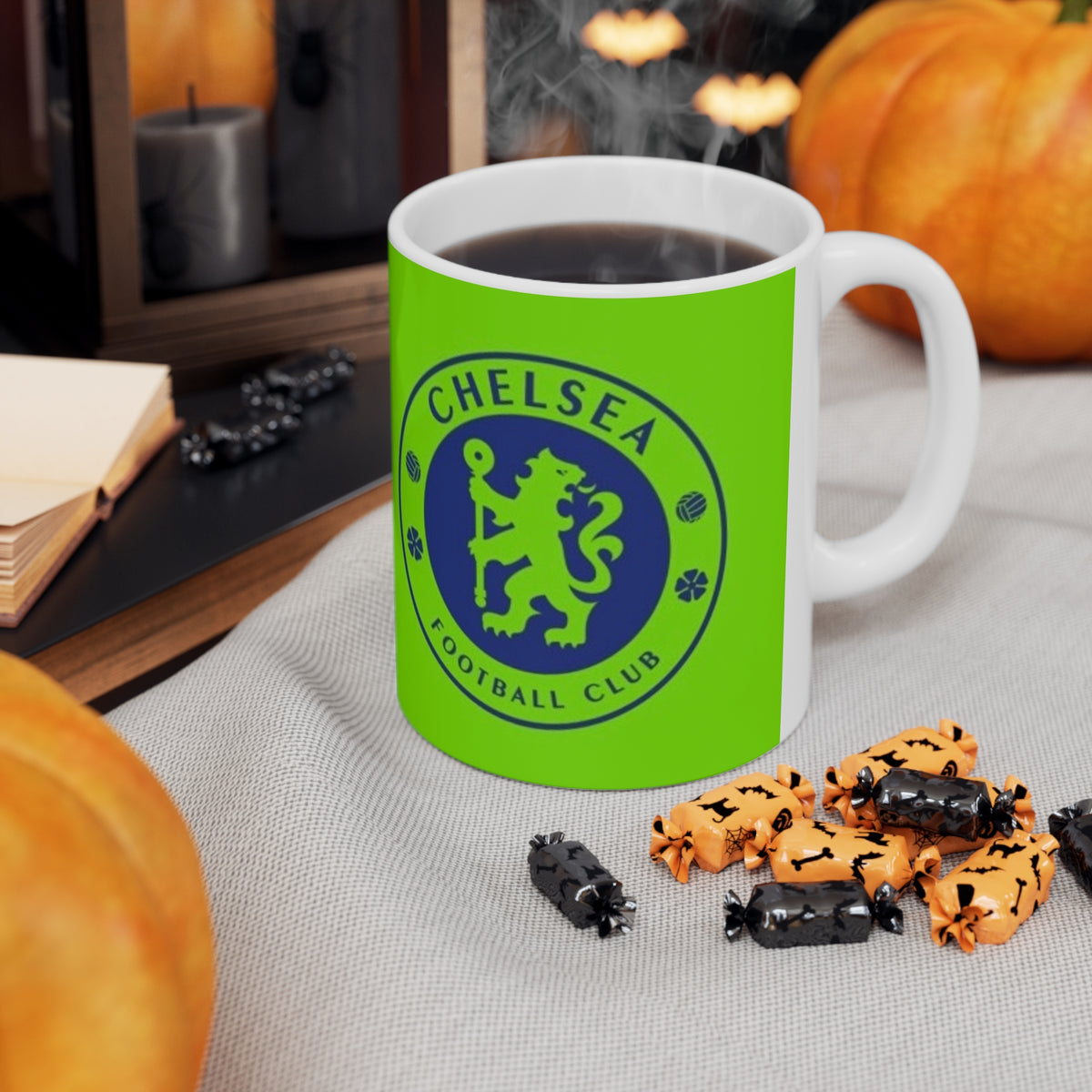 Chelsea-Inspired Neon Green Football Mug (11oz, 15oz)