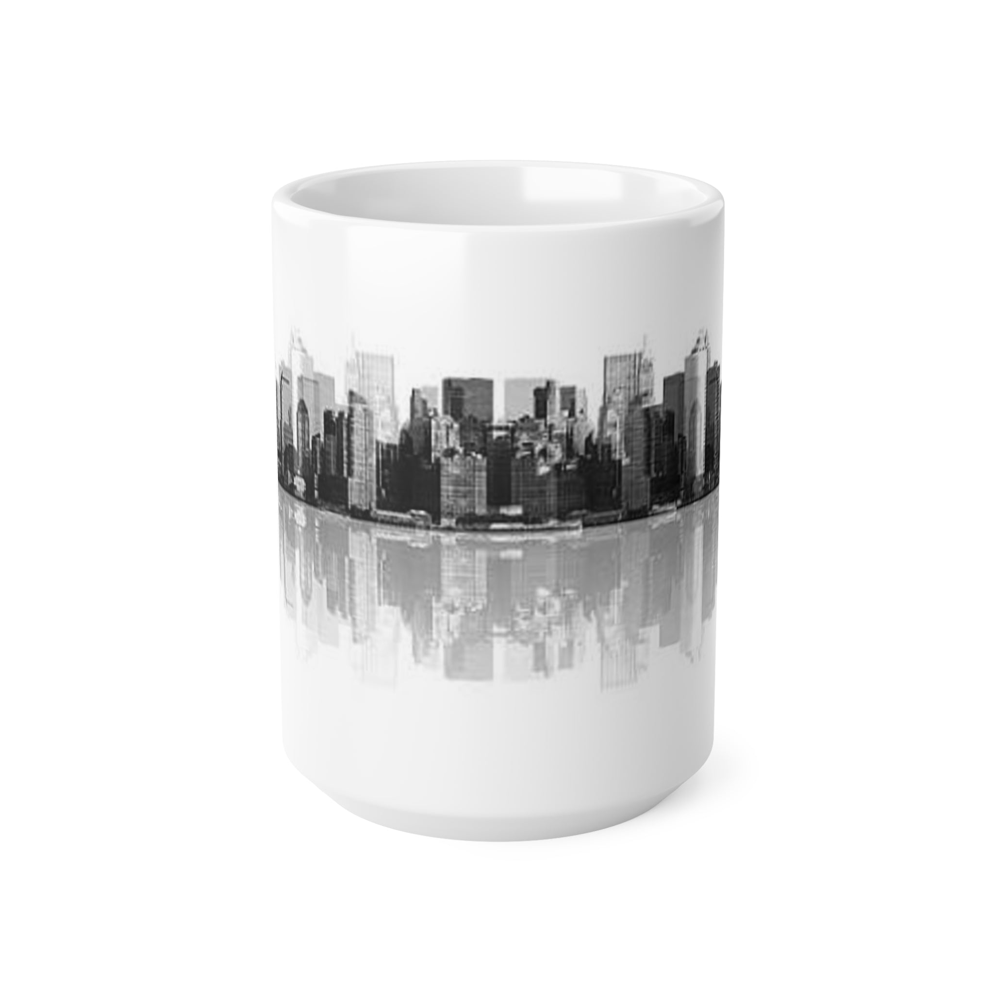 City Skyline Coffee Mug — Black & White Reflective New York Skyline, 11oz/15oz Ceramic