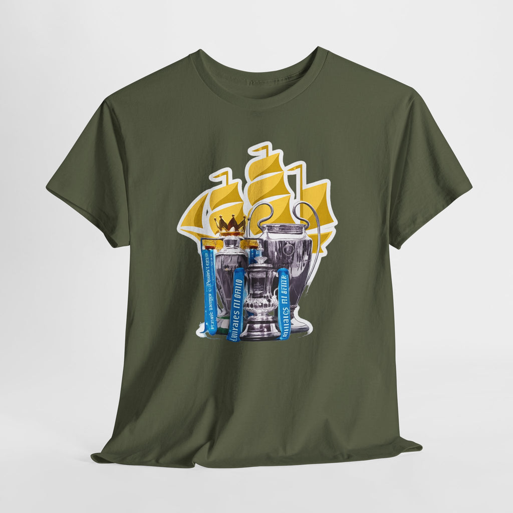 Manchester City Champions Trophy Tee – Golden Cups & Blue Scarves Football Fan Shirt