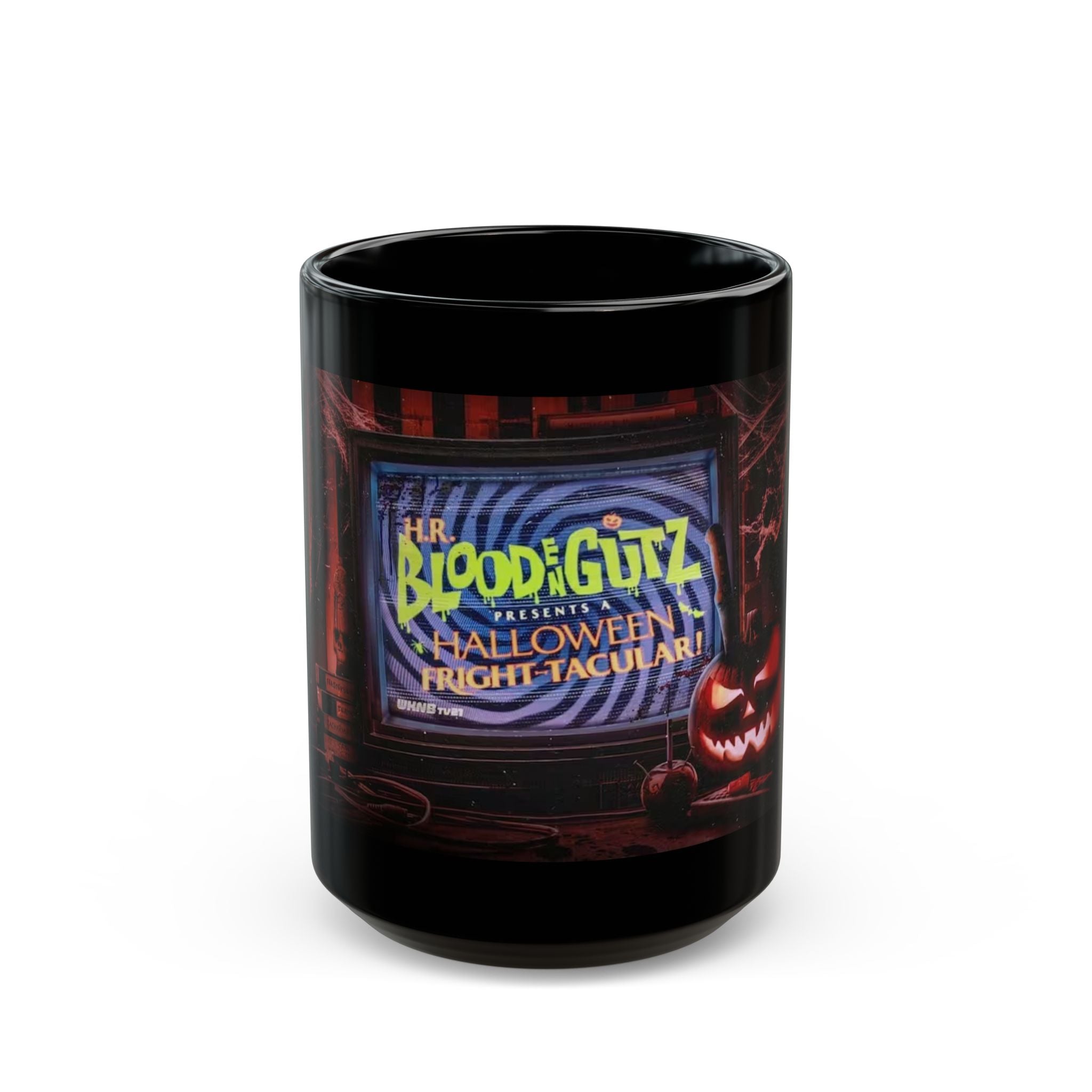 Halloween Horror Mug — 'Blood & Gutz Halloween Fright-Tacular' Black Ceramic Coffee Cup