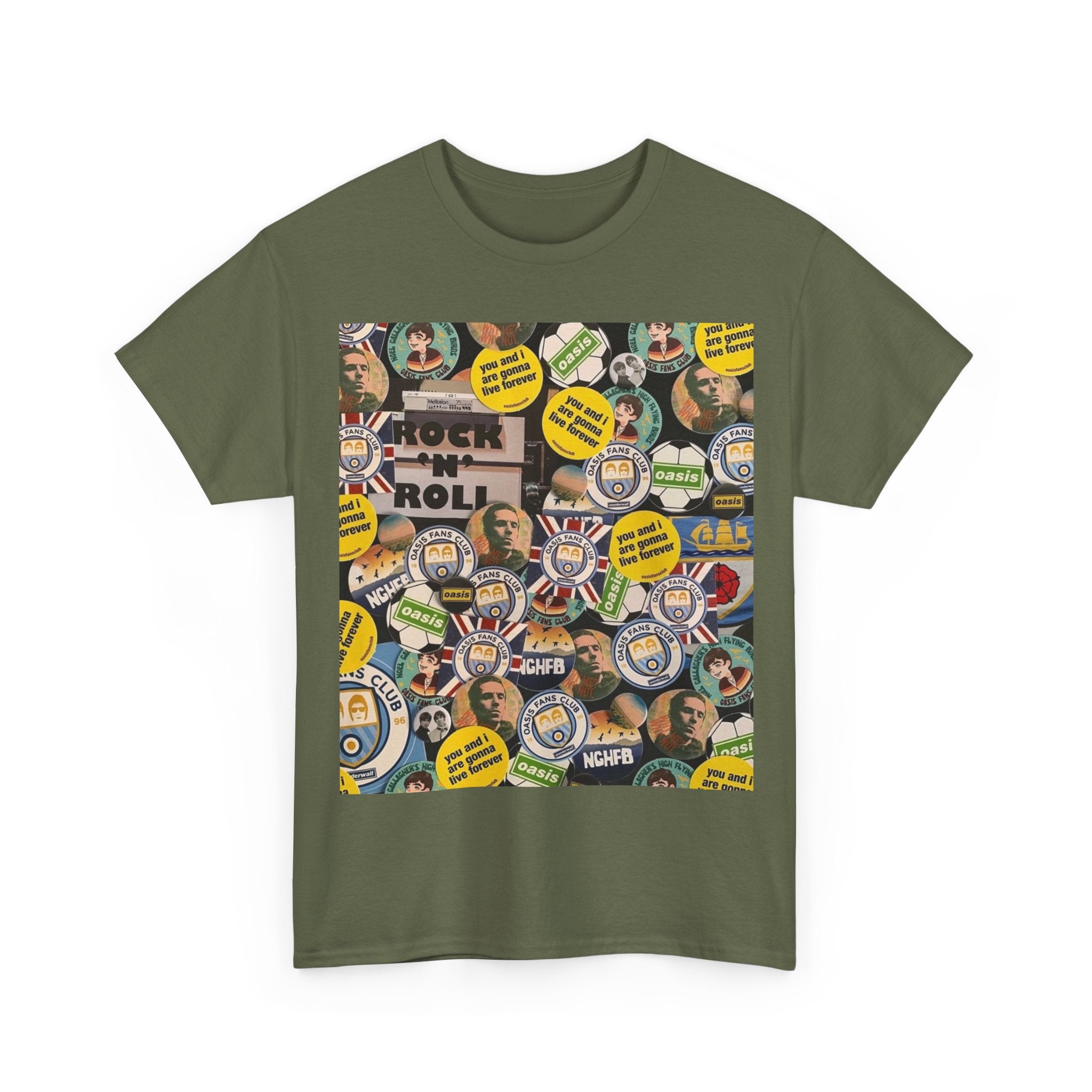 Oasis Rock & Roll Retro Button Collage Tee