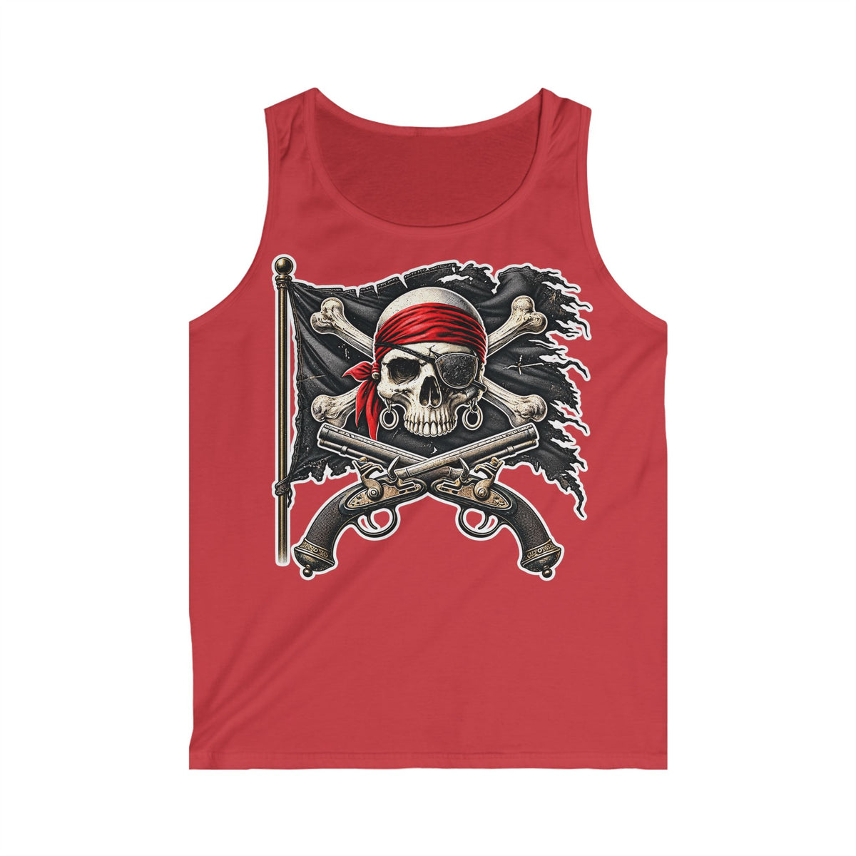 Pirate Skull Tank Top — Men’s Red-Bandana Jolly Roger Graphic Tank