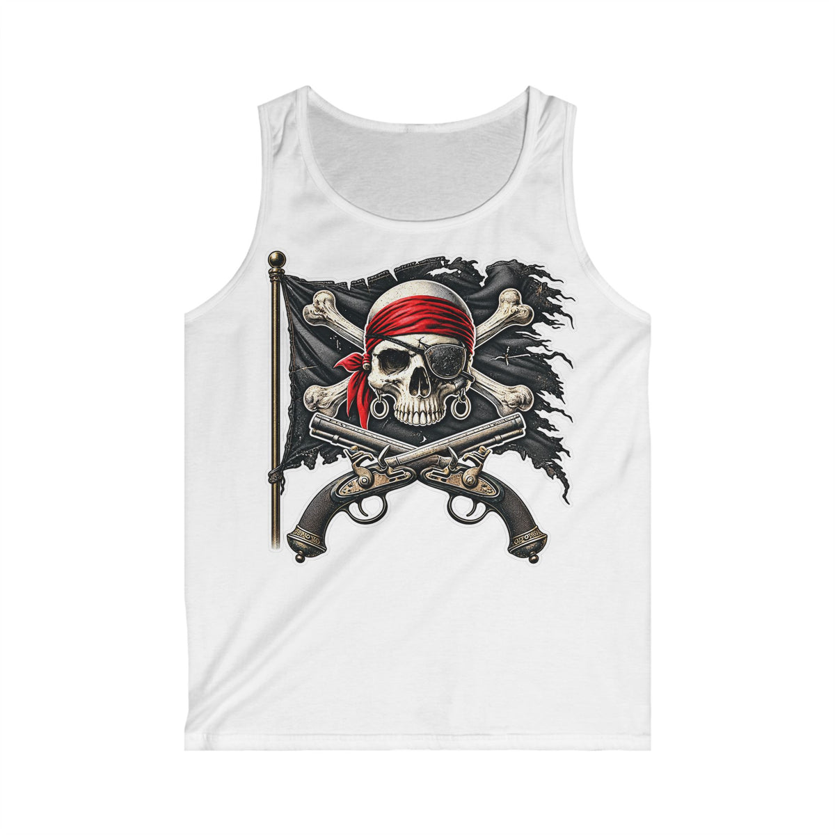 Pirate Skull Tank Top — Men’s Red-Bandana Jolly Roger Graphic Tank