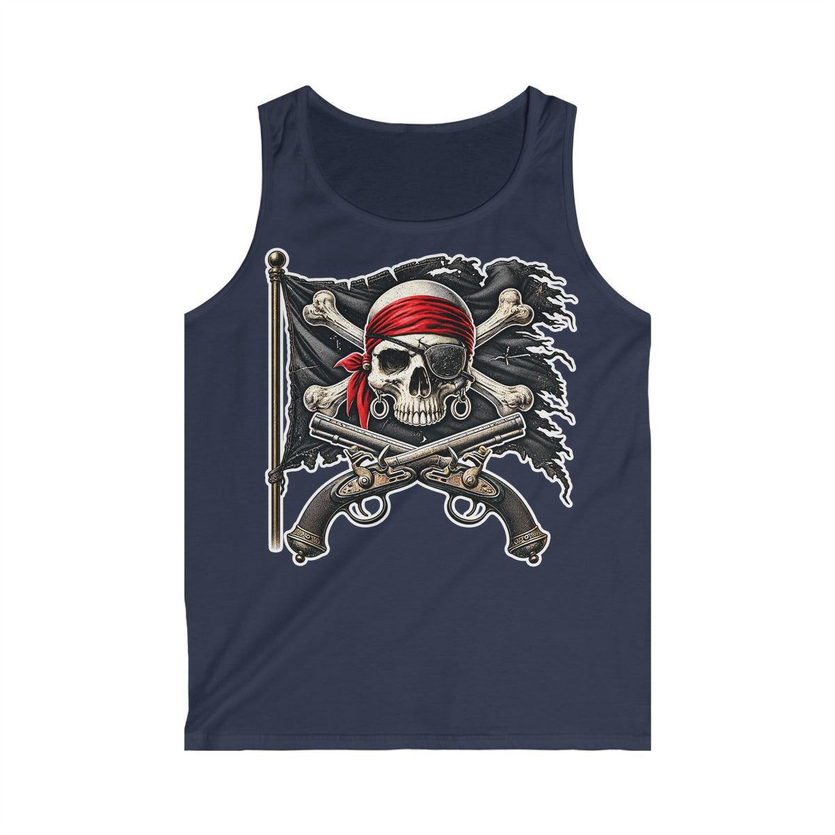 Pirate Skull Tank Top — Men’s Red-Bandana Jolly Roger Graphic Tank
