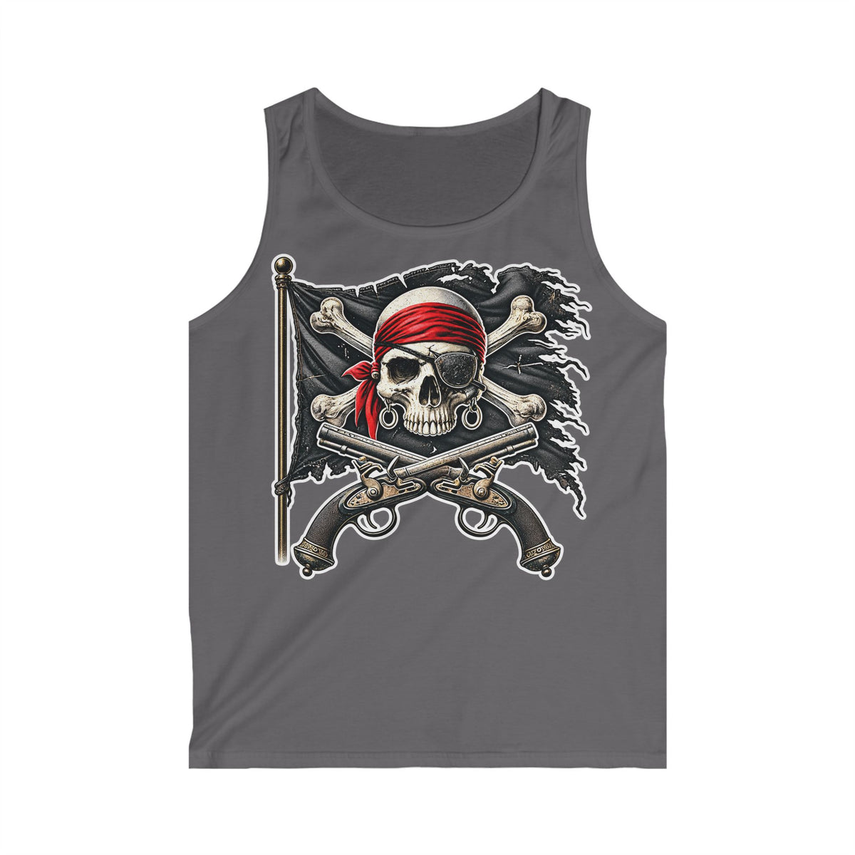 Pirate Skull Tank Top — Men’s Red-Bandana Jolly Roger Graphic Tank