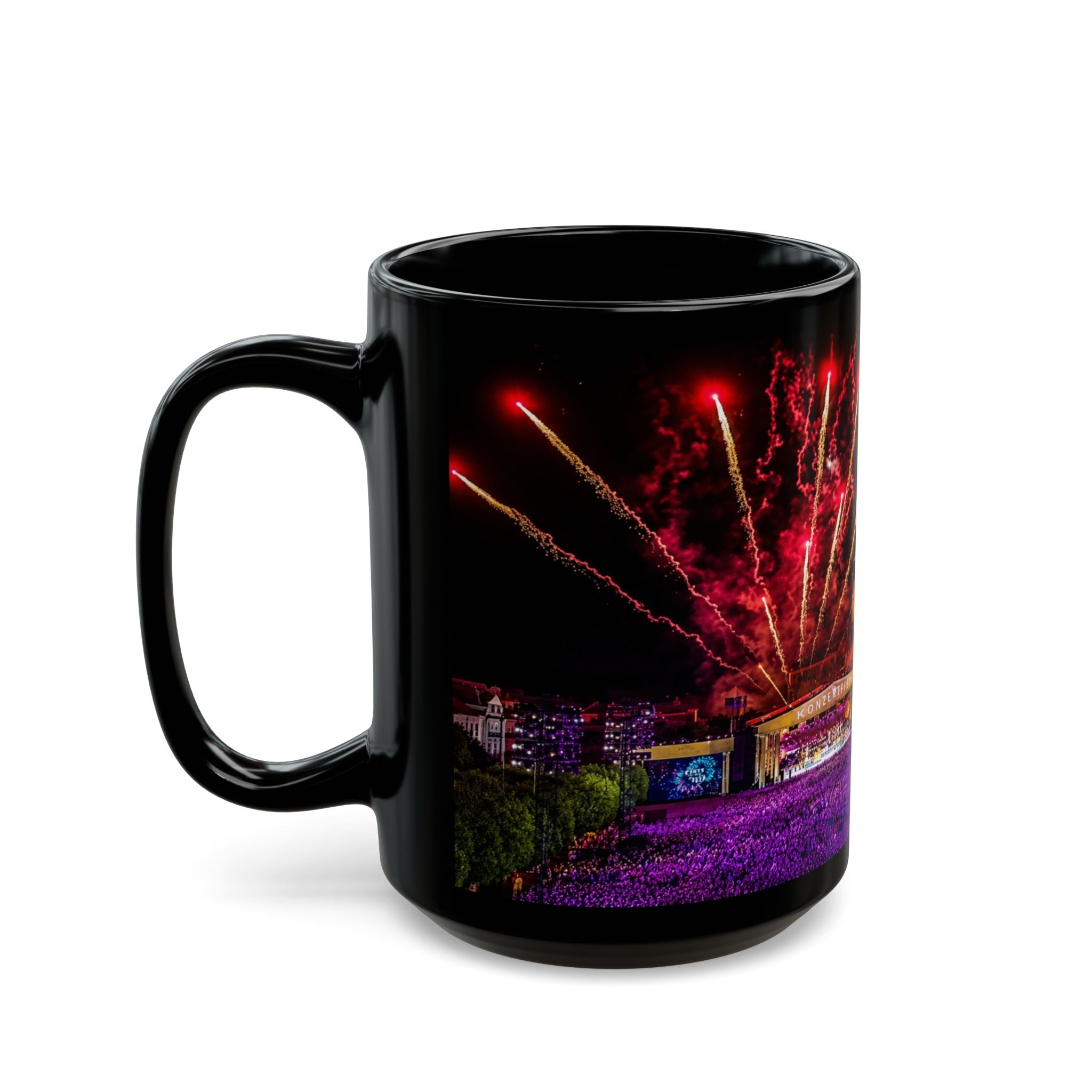 Andre Rieu Fireworks Night Skyline Black Coffee Mug — Colorful Cityscape 11oz/15oz