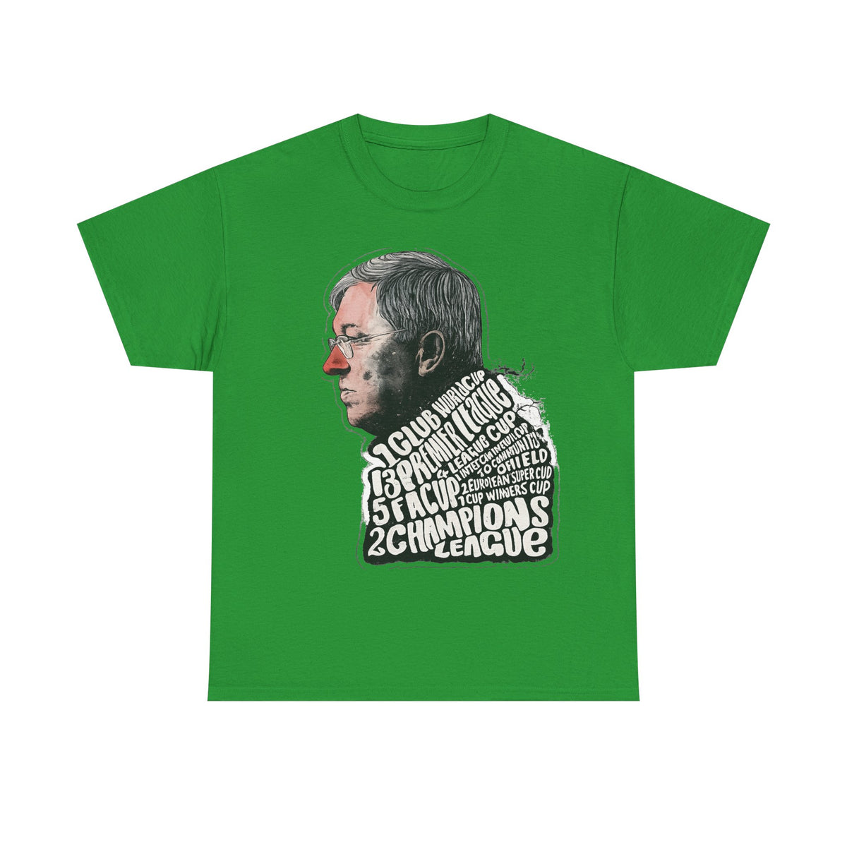 SIr Alex Ferguson Achievements Vintage Football Manager Profile Tee — Illustrated Head with Trophy Text Design