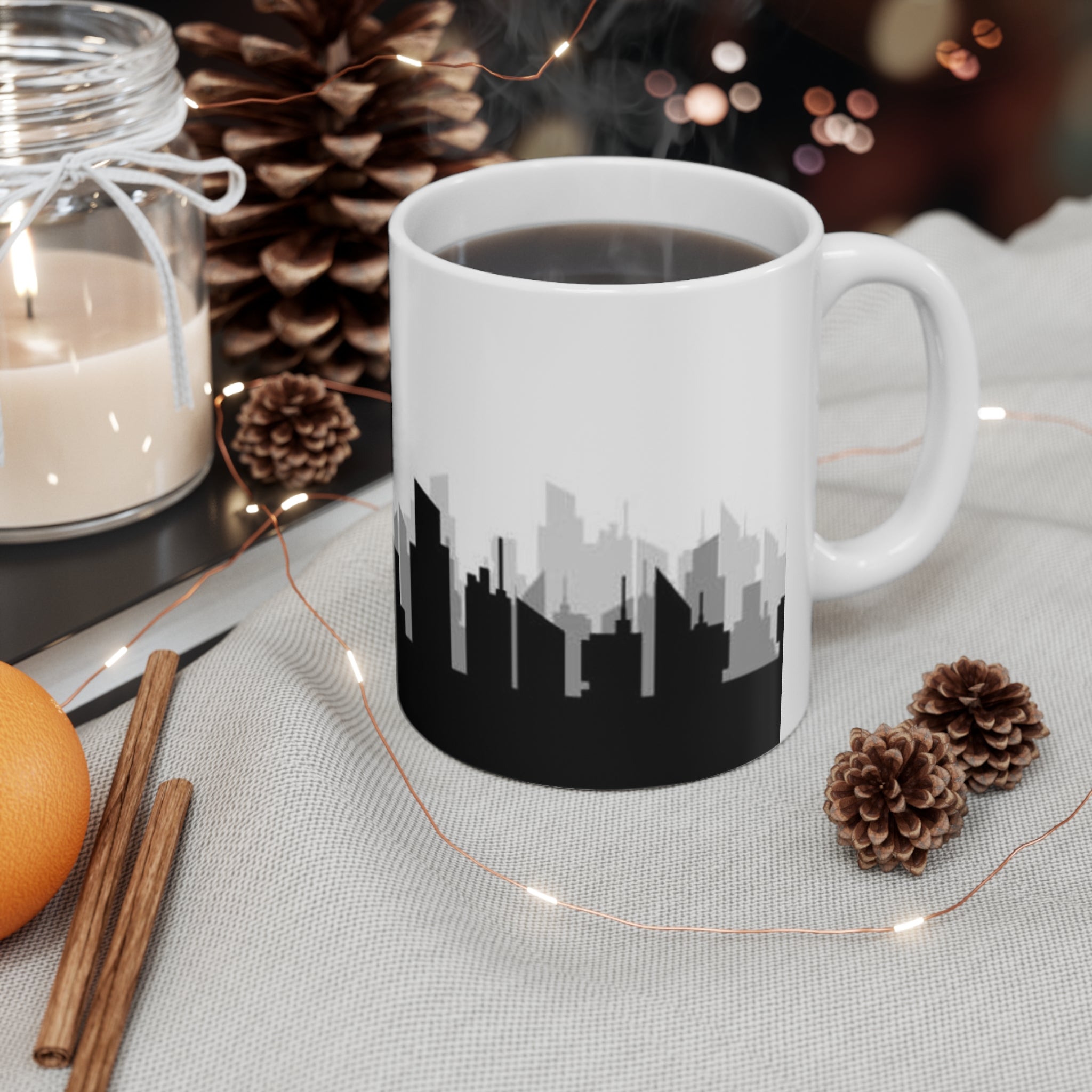 New York Skyline Ceramic Mug — Statue of Liberty Silhouette Coffee Cup (11oz, 15oz)