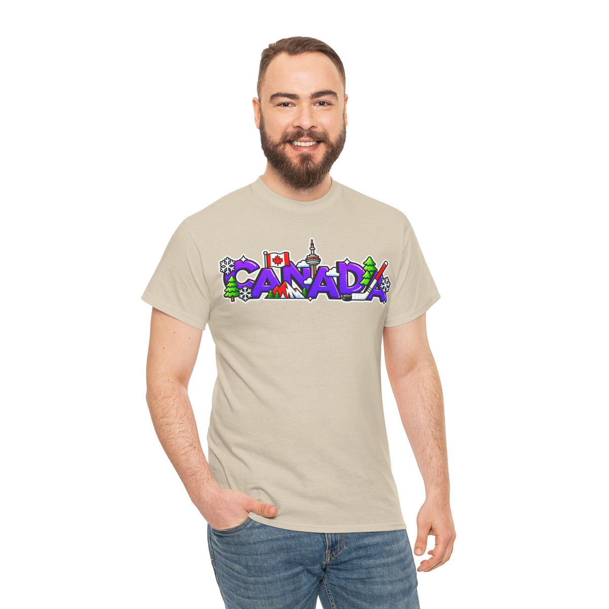 Canada Cartoon Graphic Tee — Canadian Landmark & Flag Travel T‑Shirt