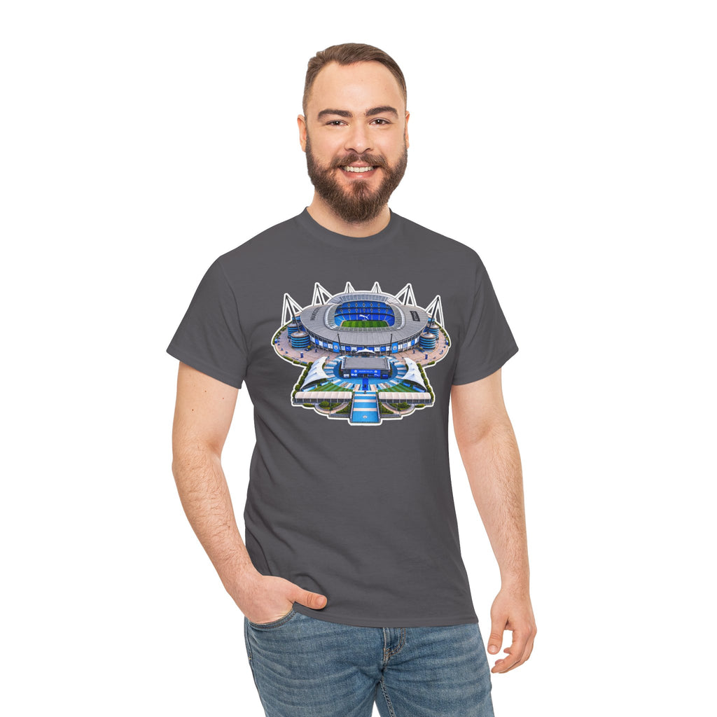 Manchester City Etihad Stadium Illustration T-Shirt — Retro Soccer Arena Graphic Tee