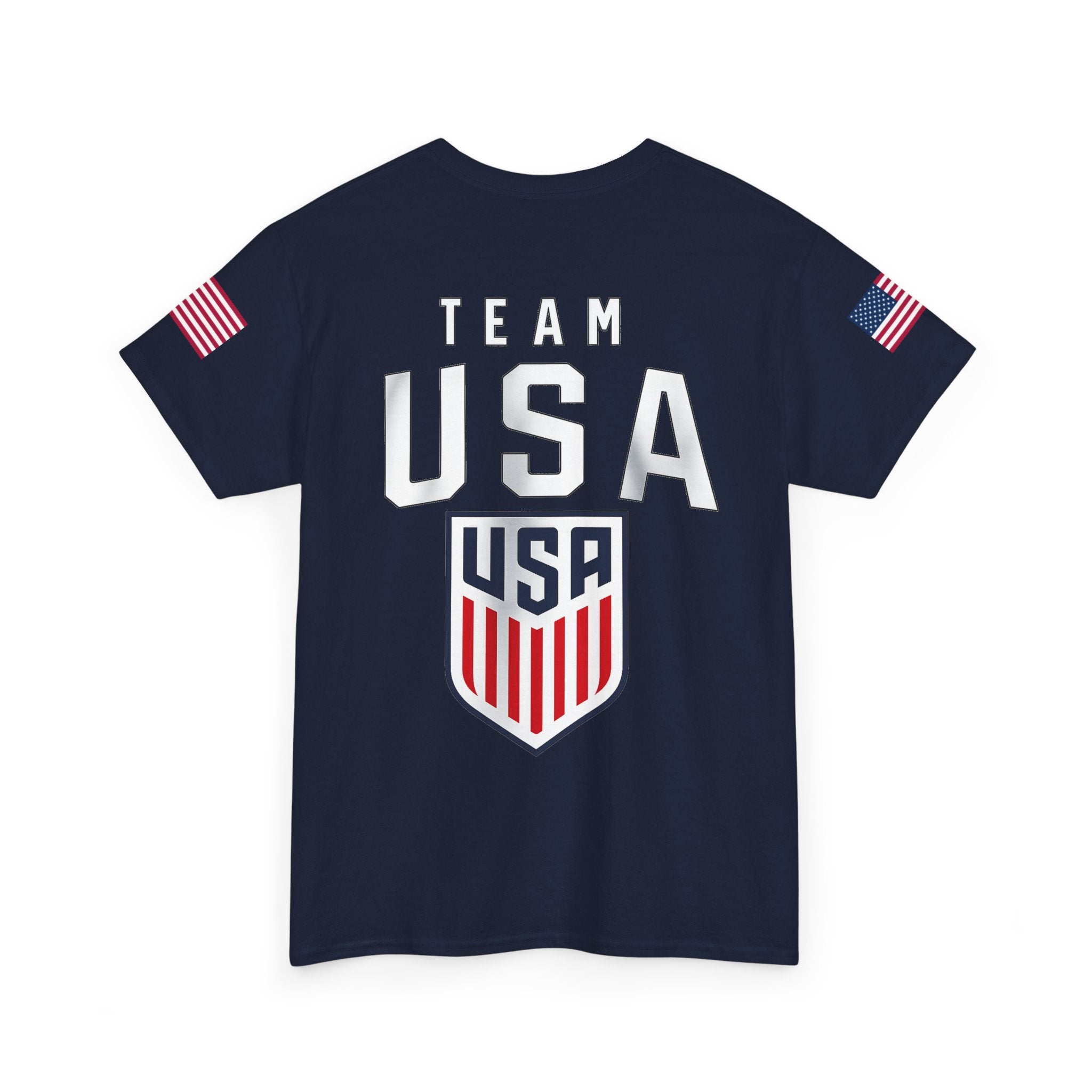 Team USA Flag T‑Shirt — Patriotic Navy Tee with Back Shield Logo