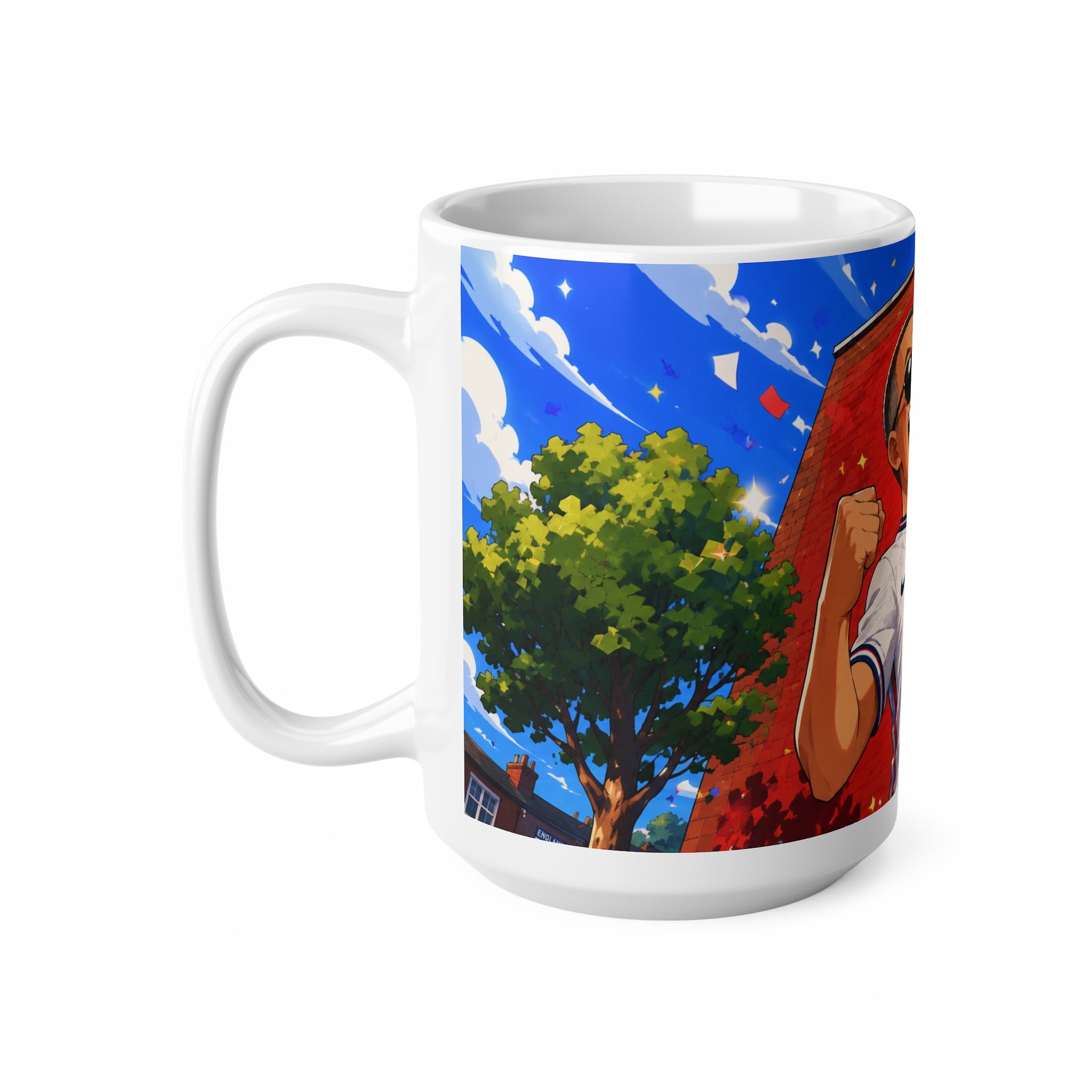 England Football Fan Mug — Celebratory Soccer Player Illustration, Ceramic 11oz & 15oz