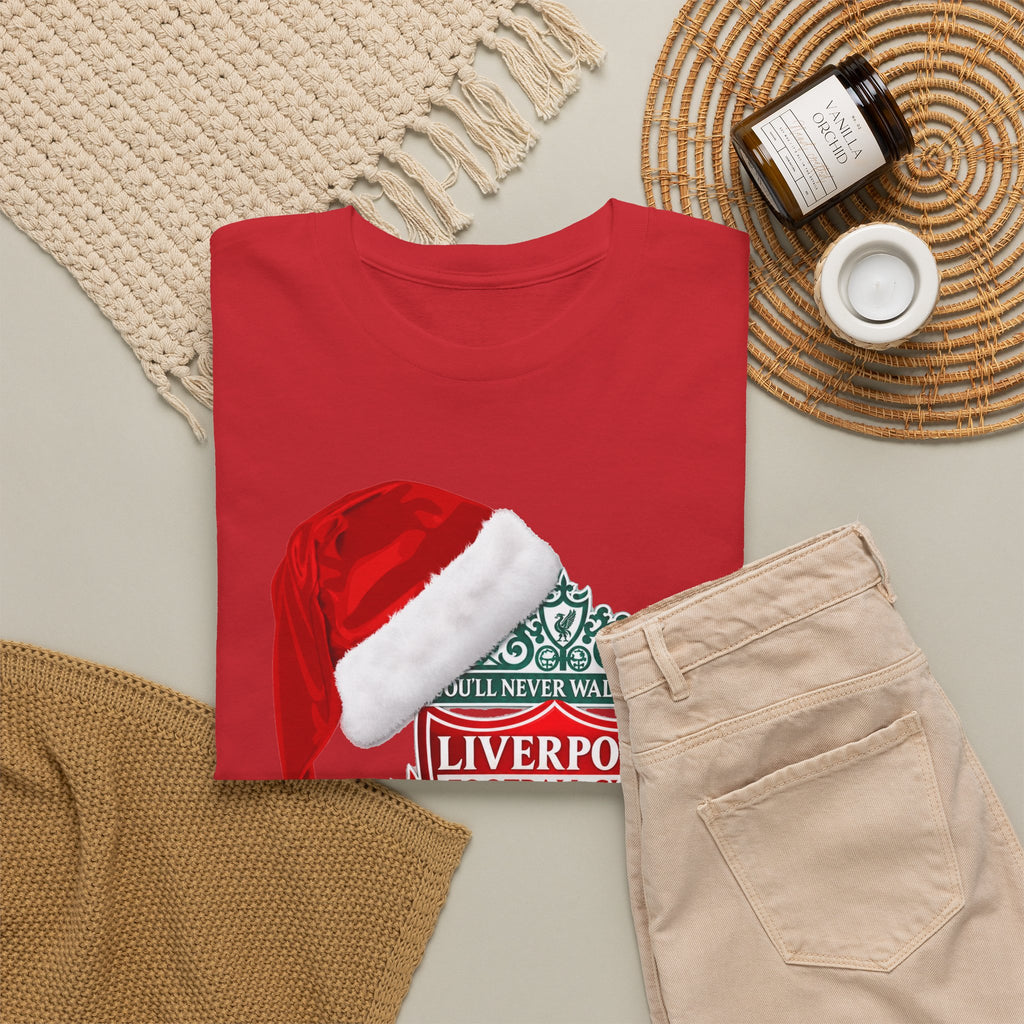 Liverpool FC Crest T‑Shirt with Santa Hat — Christmas Football Fan Tee