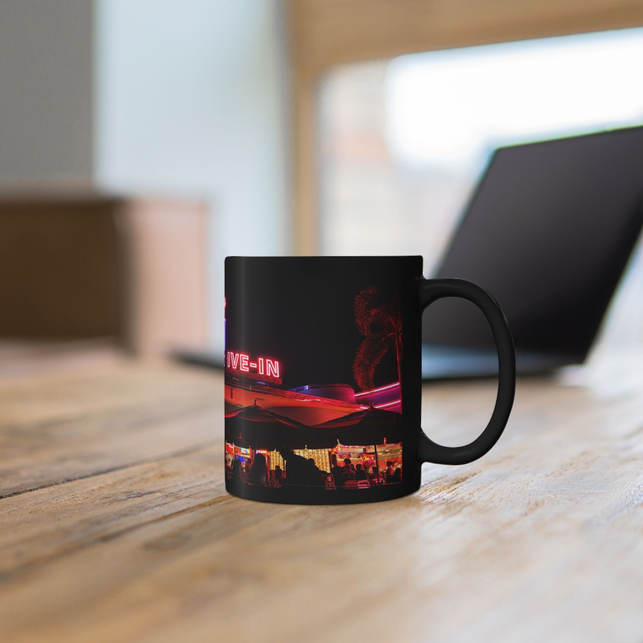 Mel's Drive-In Neon Night Coffee Mug — Retro Diner Black Ceramic Mug (11oz, 15oz)