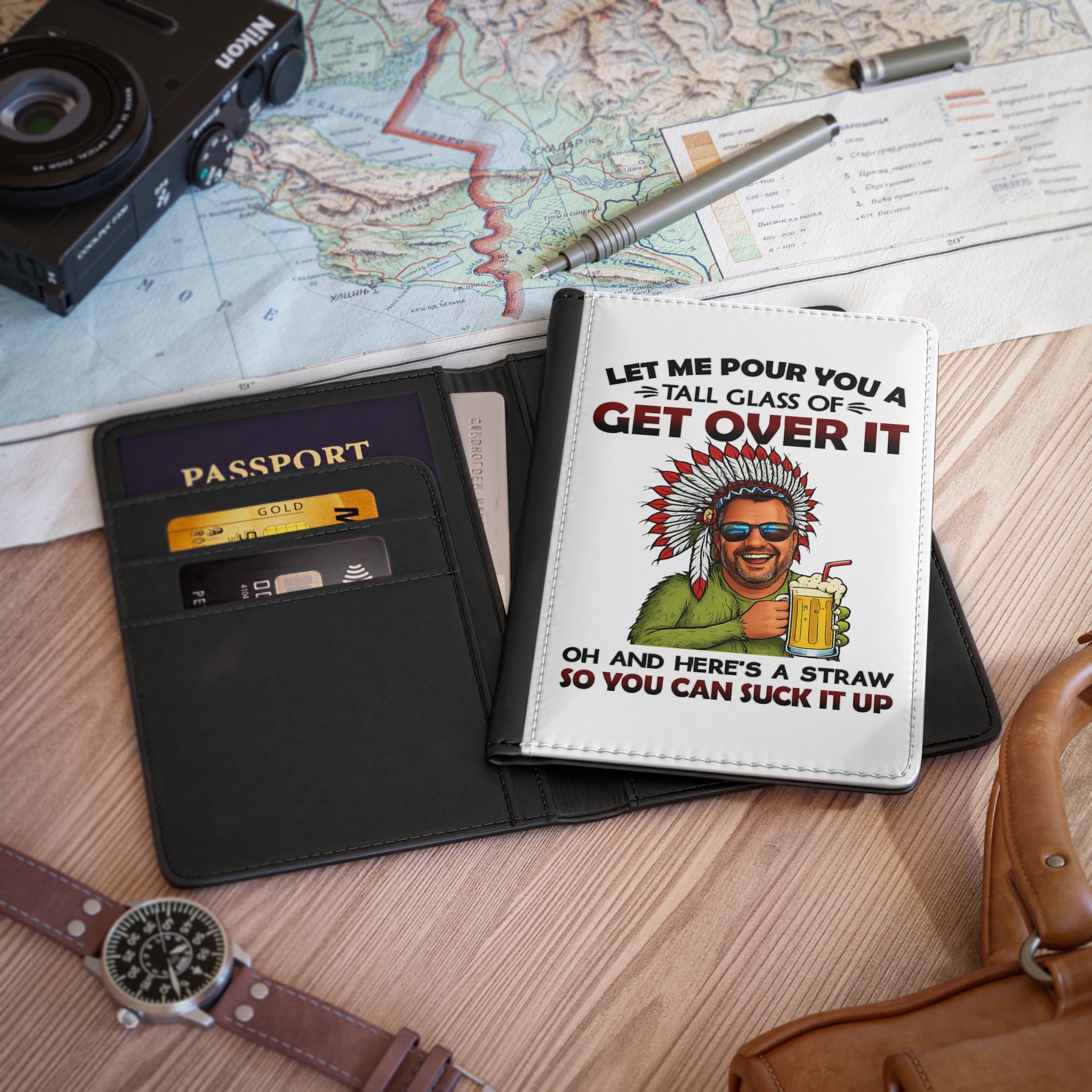 Funny 'Get Over It' Passport Cover with Beer Graphic