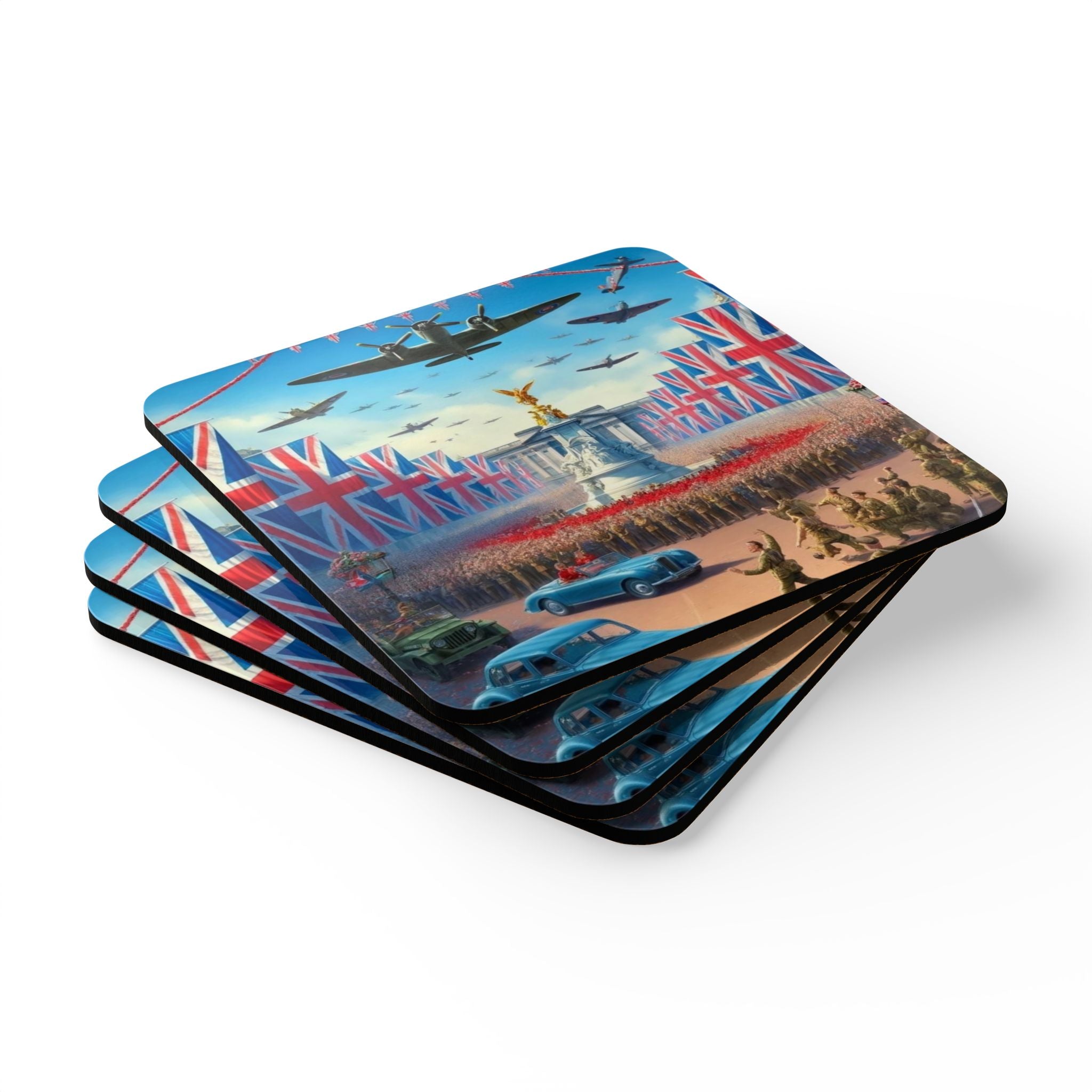 Vintage British Victory Parade Cork Coaster Set — Union Jack, Spitfires & Buckingham Palace Design