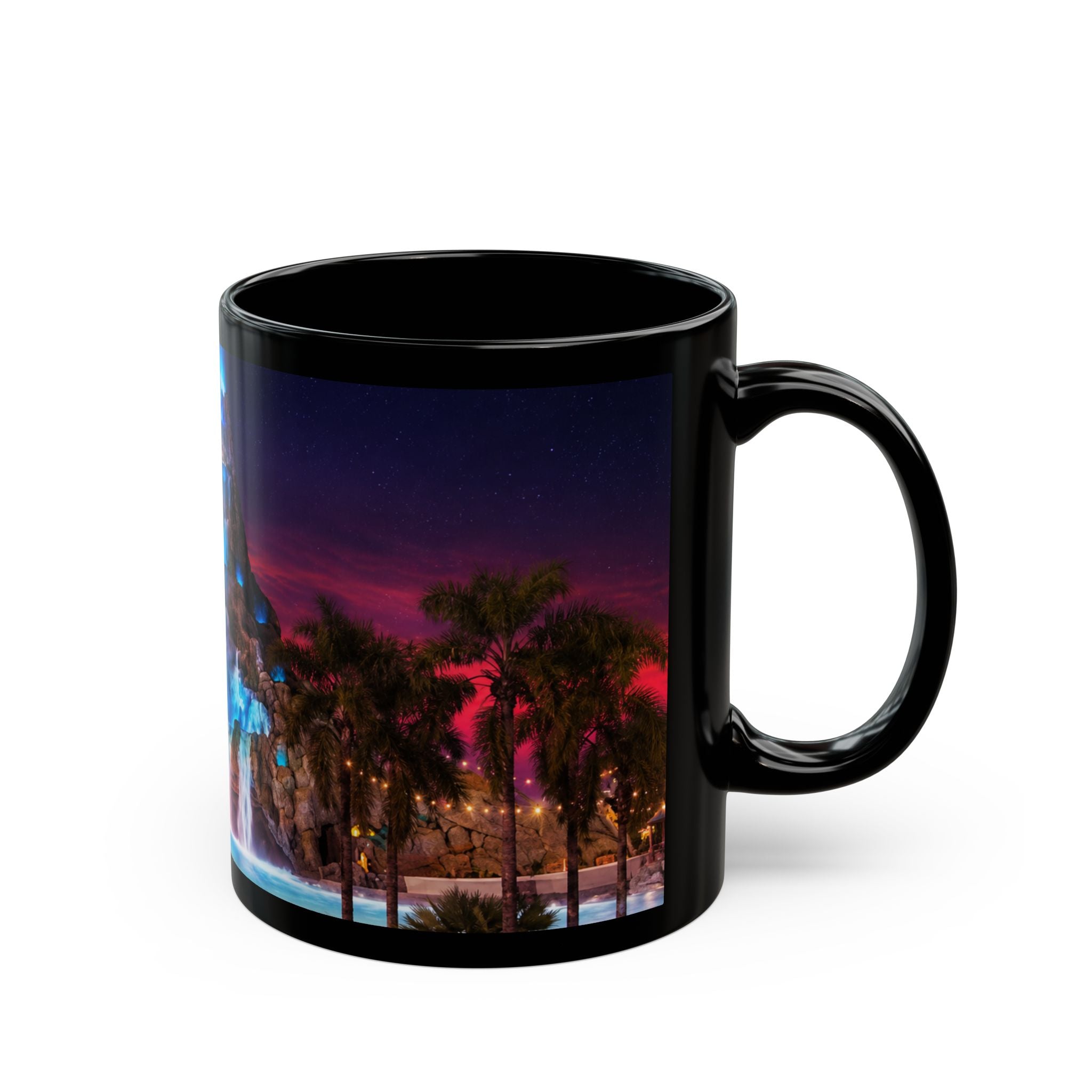 Volcano Bay at Night Black Mug — Illuminated Waterfall & Palm Tree Coffee Cup (11oz/15oz)