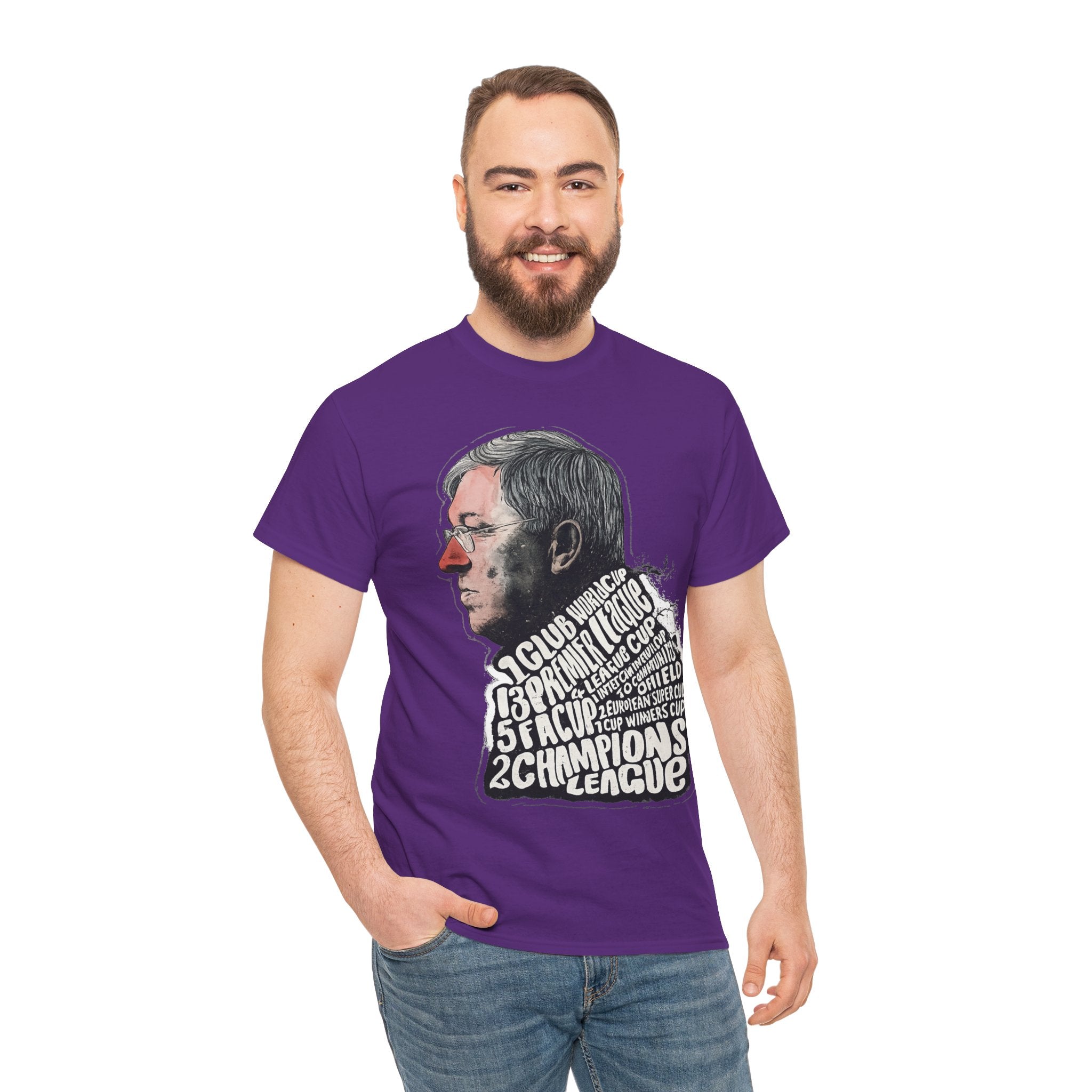 SIr Alex Ferguson Achievements Vintage Football Manager Profile Tee — Illustrated Head with Trophy Text Design
