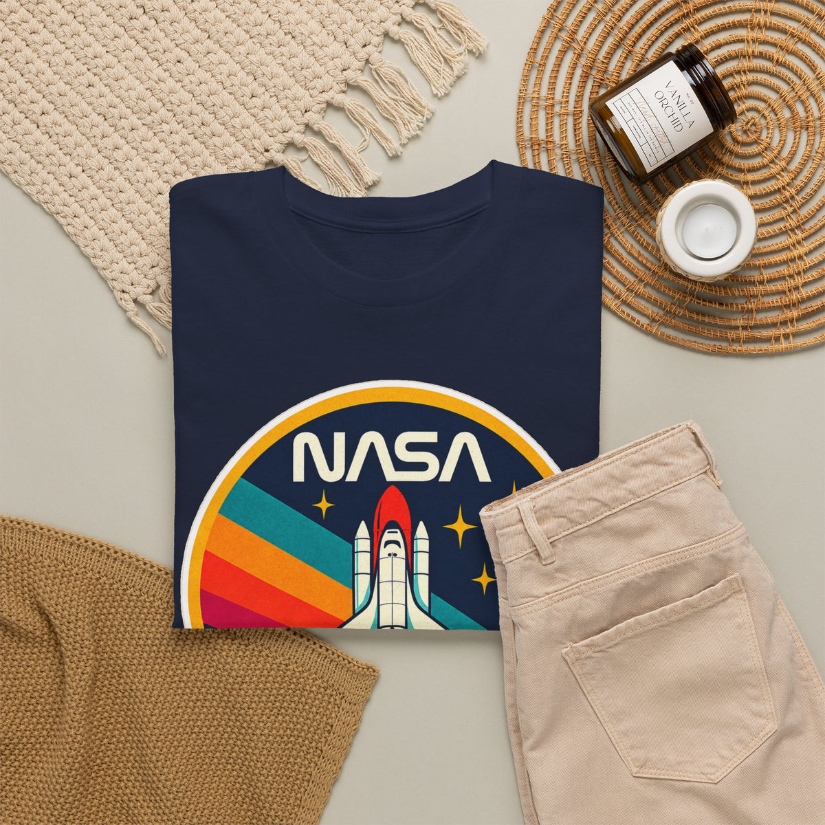 NASA Retro Rocket T‑Shirt — Vintage Space Shuttle Tee with Rainbow Trail