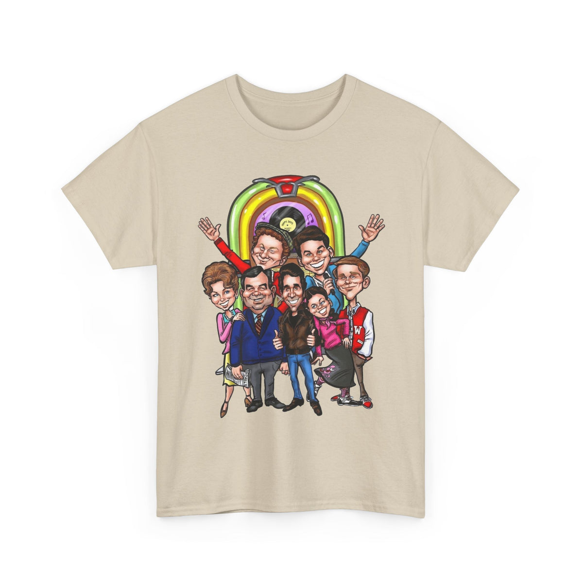 Happy Days Cast Caricature Tee — Retro 70s Sitcom Graphic T-Shirt