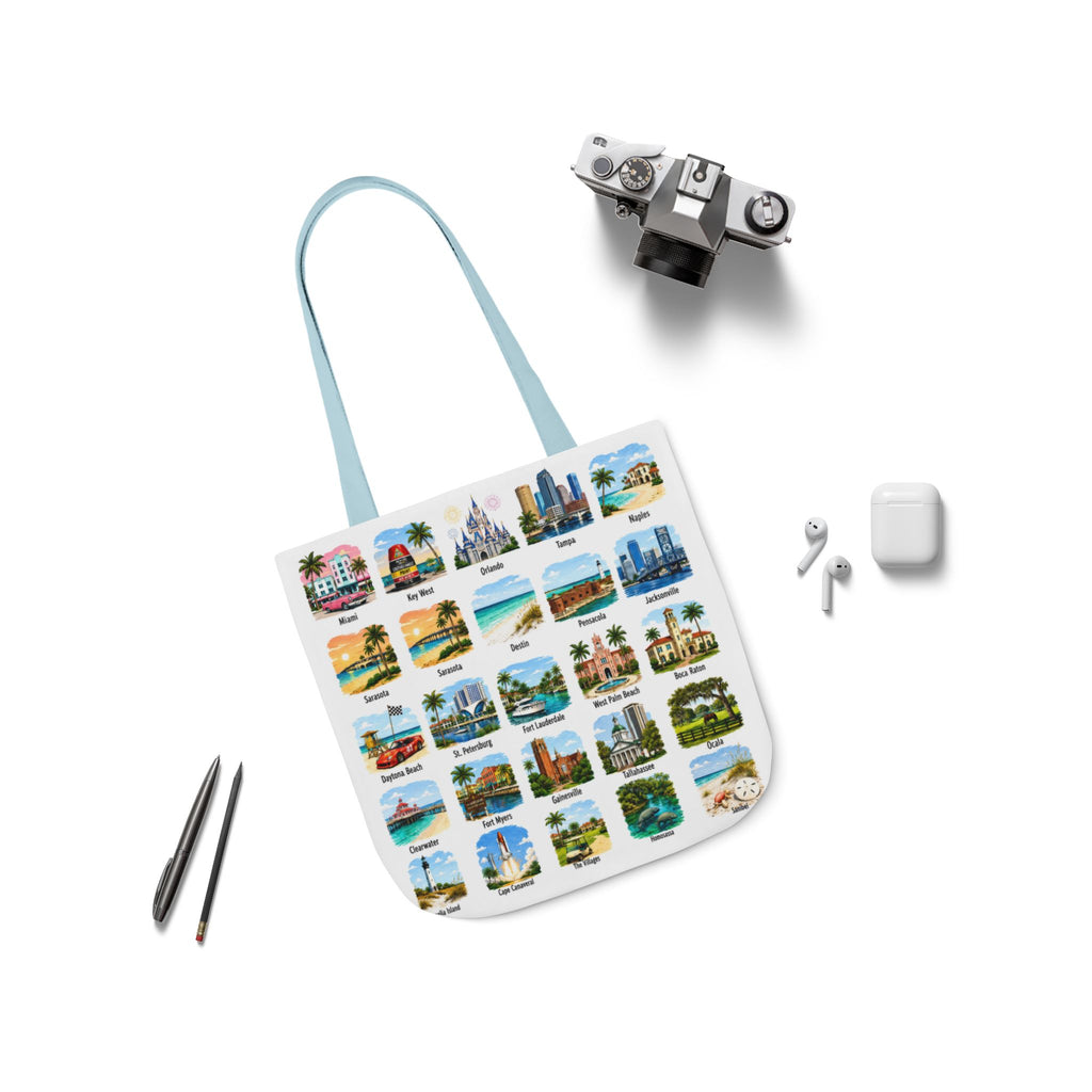 Florida City Landmark Collage Canvas Tote Bag — Vintage Travel Icons Print