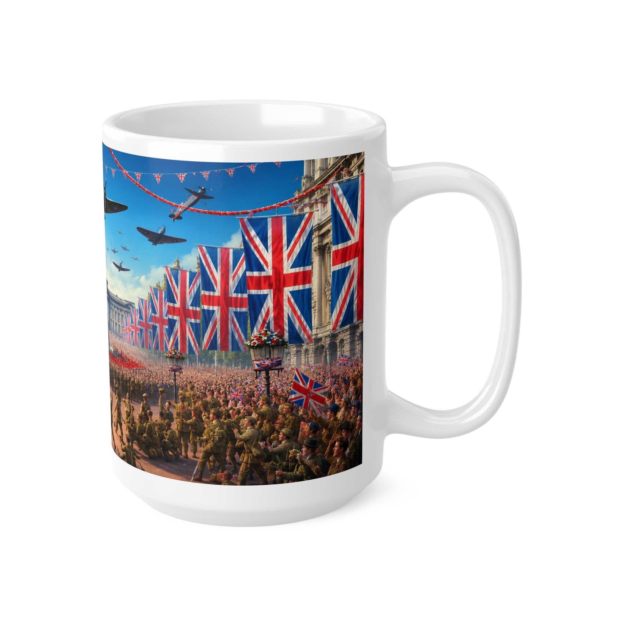 Union Jack Victory Parade Mug — Buckingham Palace Vintage WWII Commemorative Coffee Cup (11oz/15oz)