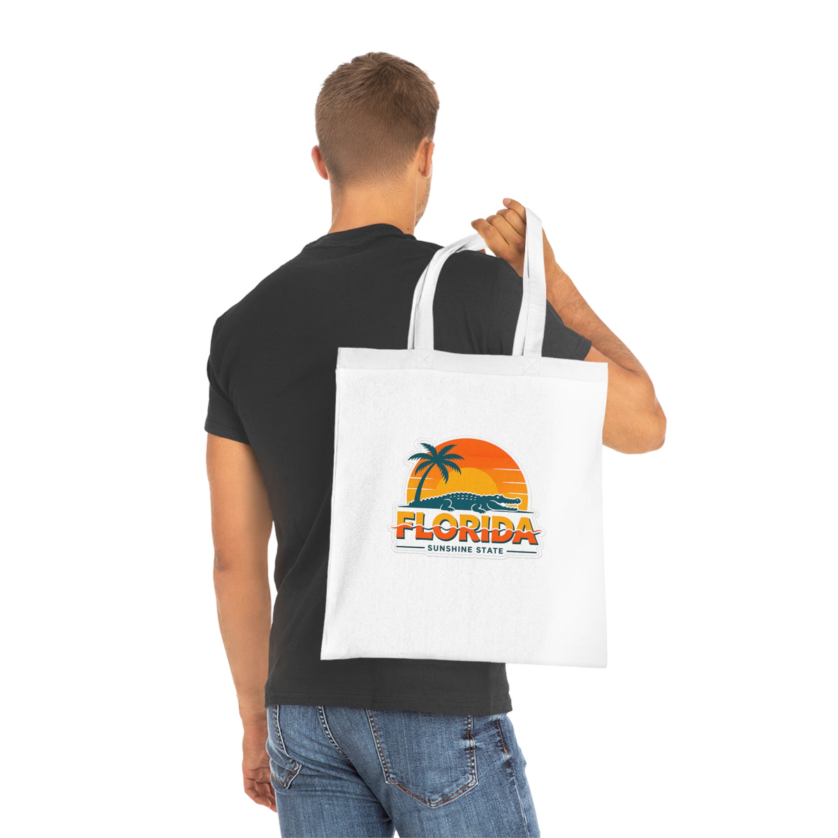 Florida Sunshine State Palm Tree Tote Bag — Retro Beach Sunset Cotton Tote