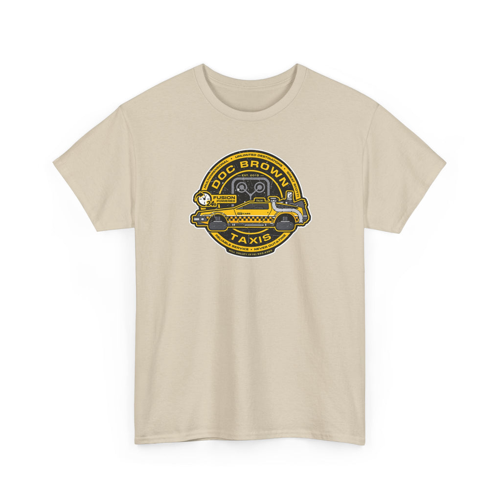 Vintage Taxi Badge T-Shirt — 'Doc Brown Taxis' Retro Cab Logo Tee