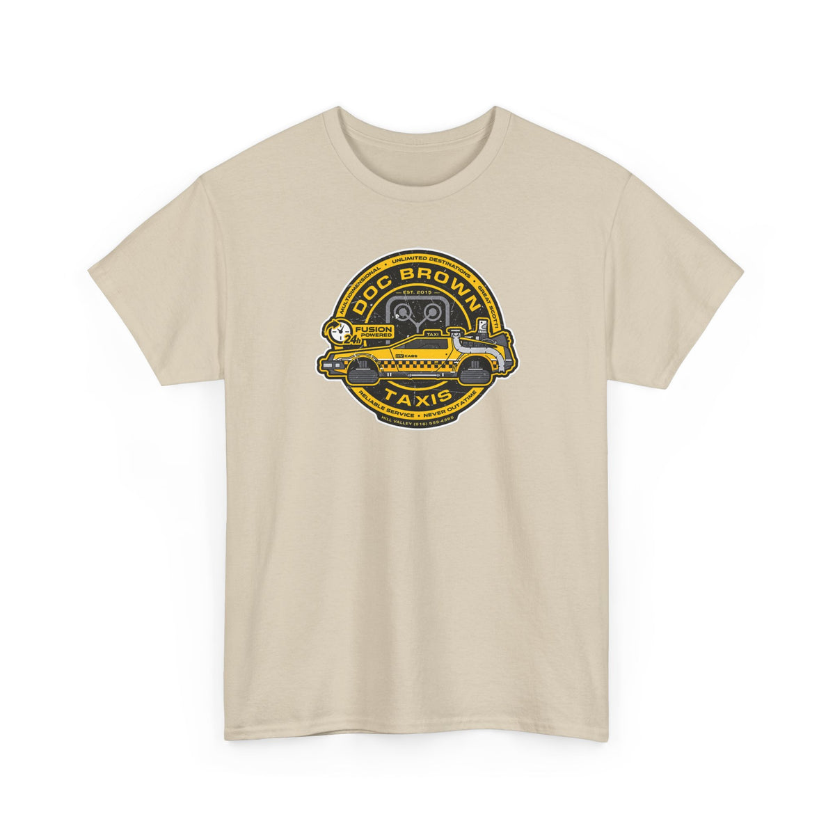 Vintage Taxi Badge T-Shirt — 'Doc Brown Taxis' Retro Cab Logo Tee