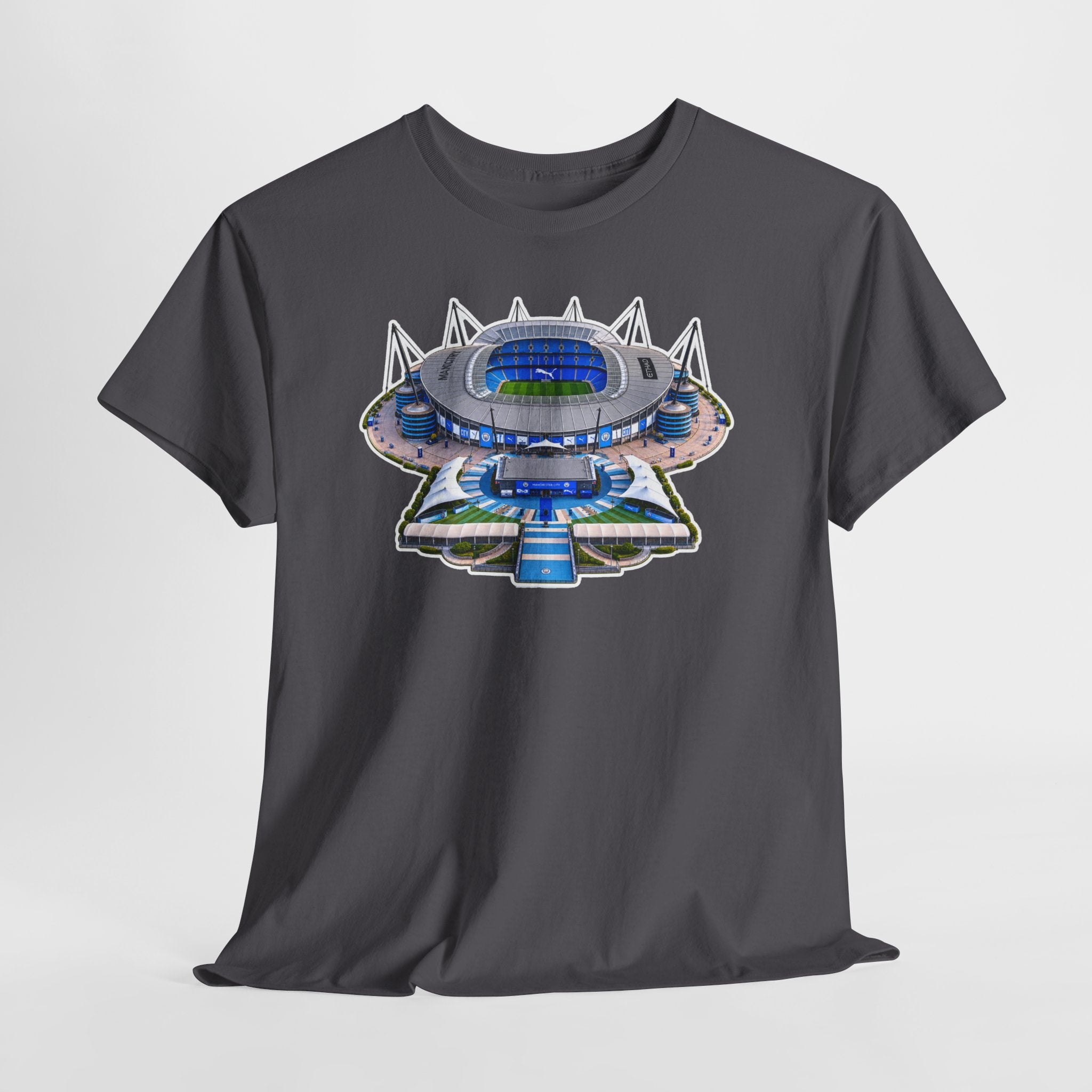 Manchester City Etihad Stadium Illustration T-Shirt — Retro Soccer Arena Graphic Tee