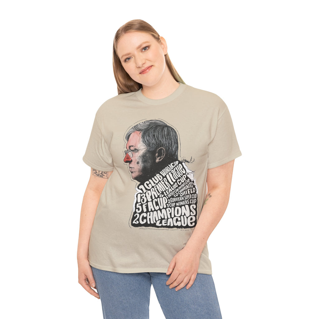 SIr Alex Ferguson Achievements Vintage Football Manager Profile Tee — Illustrated Head with Trophy Text Design