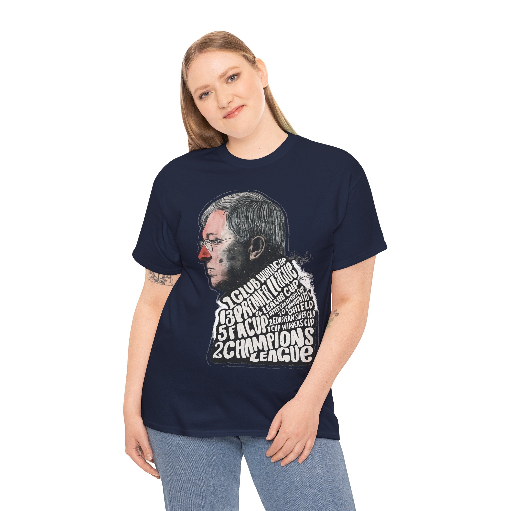SIr Alex Ferguson Achievements Vintage Football Manager Profile Tee — Illustrated Head with Trophy Text Design