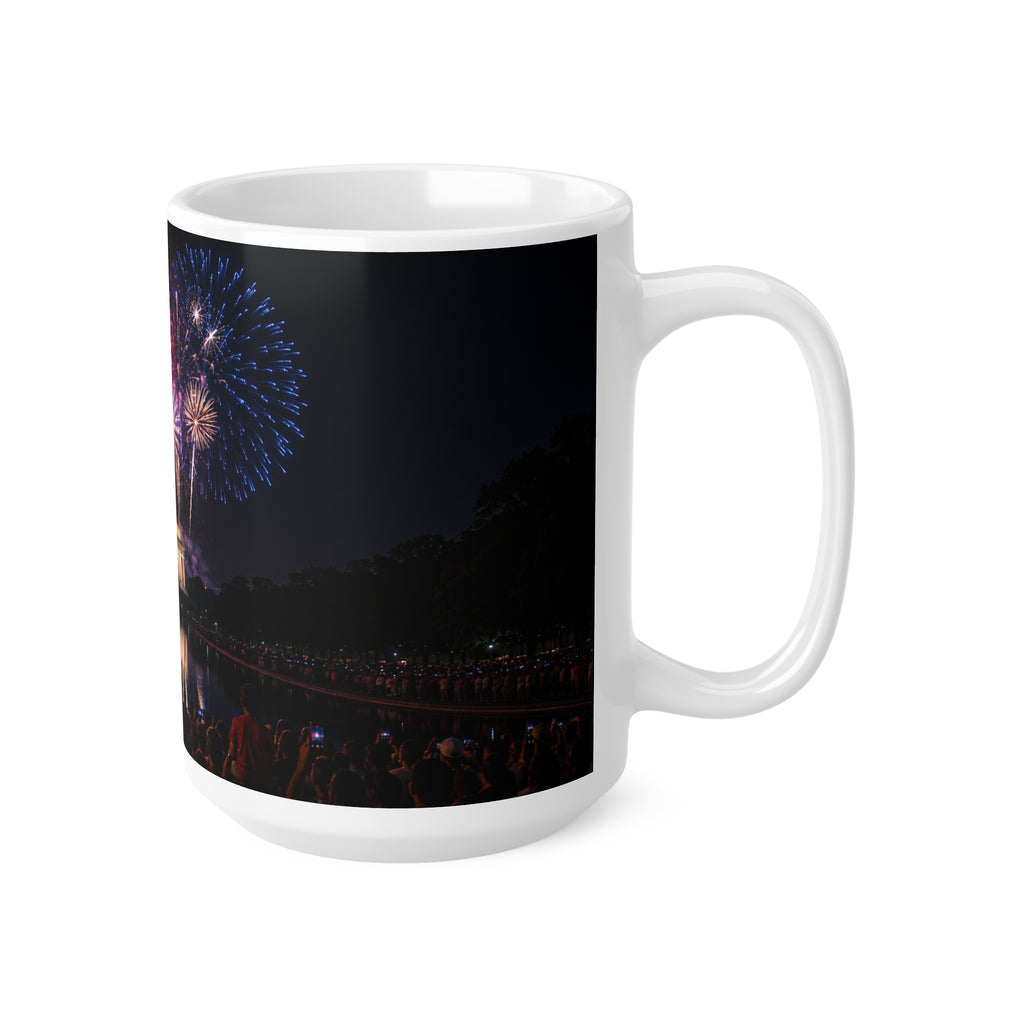 Fourth of July Fireworks Coffee Mug — Patriotic American Flag & Capitol Night Sky (11oz/15oz)
