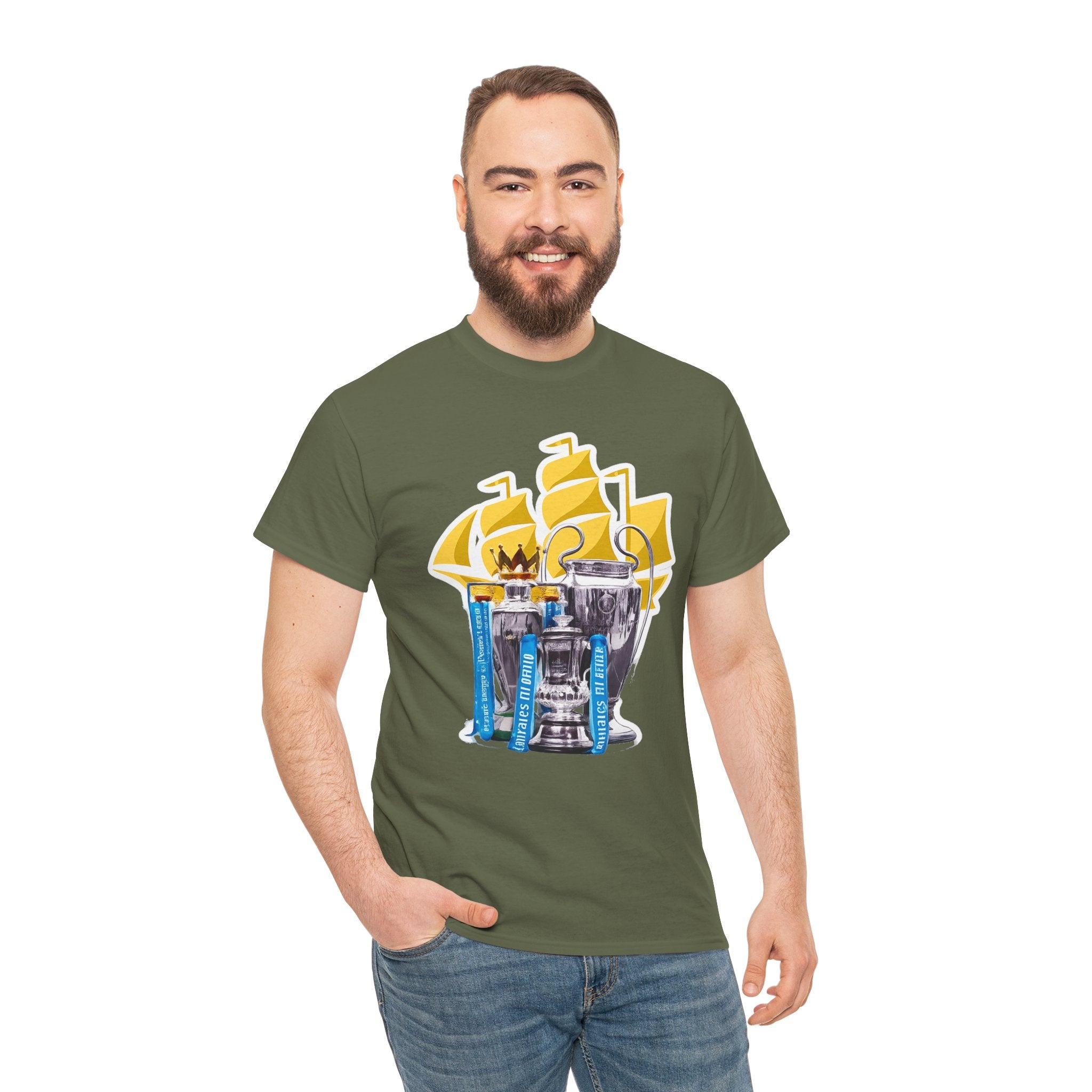 Manchester City Champions Trophy Tee – Golden Cups & Blue Scarves Football Fan Shirt