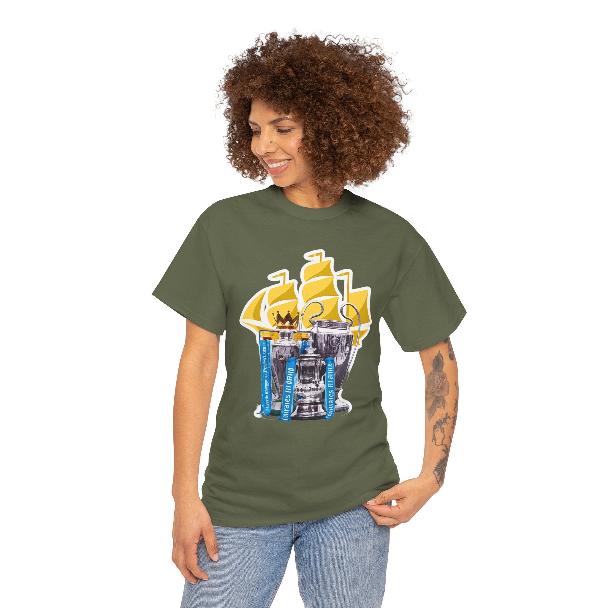 Manchester City Champions Trophy Tee – Golden Cups & Blue Scarves Football Fan Shirt