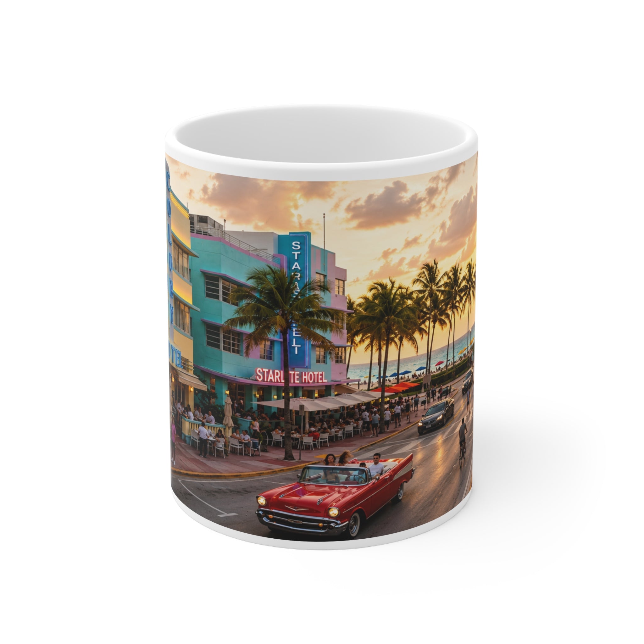 Miami Beach Sunset Coffee Mug — Ocean Drive Retro Car & Art Deco Hotel Design (11oz/15oz)