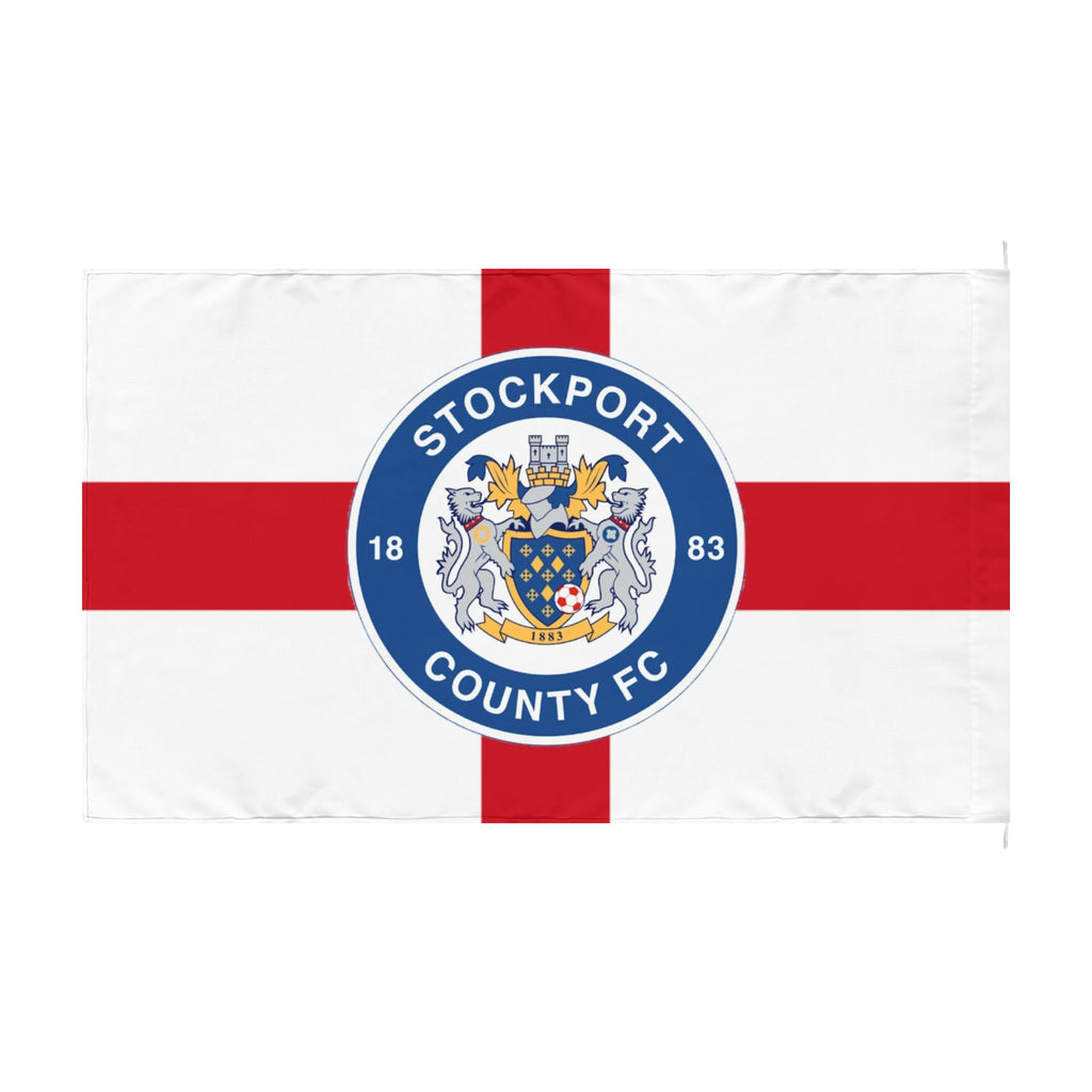 Stockport County FC Double-Sided Flag – St George Cross Football Banner (1883 Crest)
